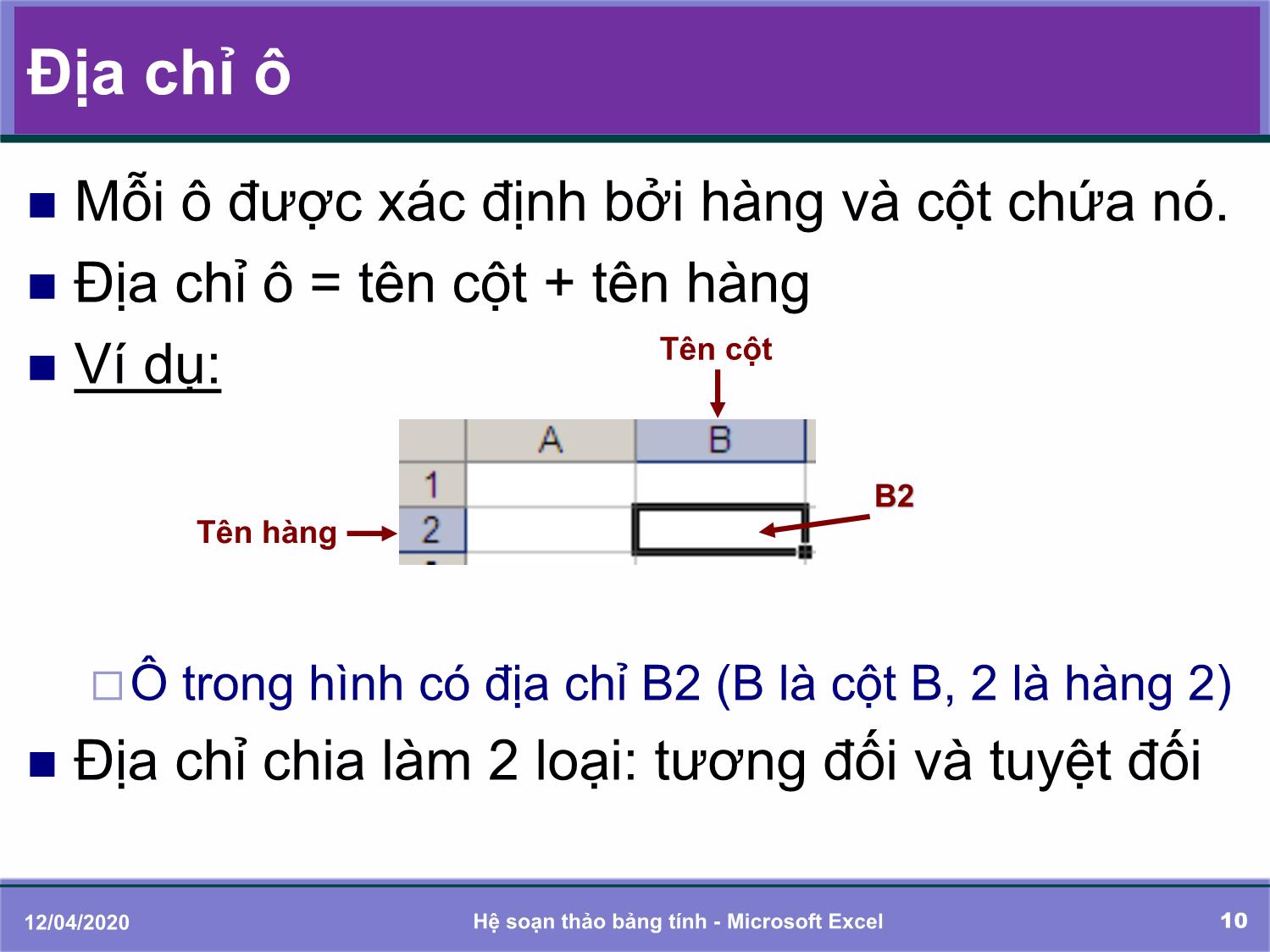 Bài giảng Tin học đại cương - Chương 5: Soạn thảo bảng tính với Microsoft Excel - Trần Thị Bích Phương trang 10