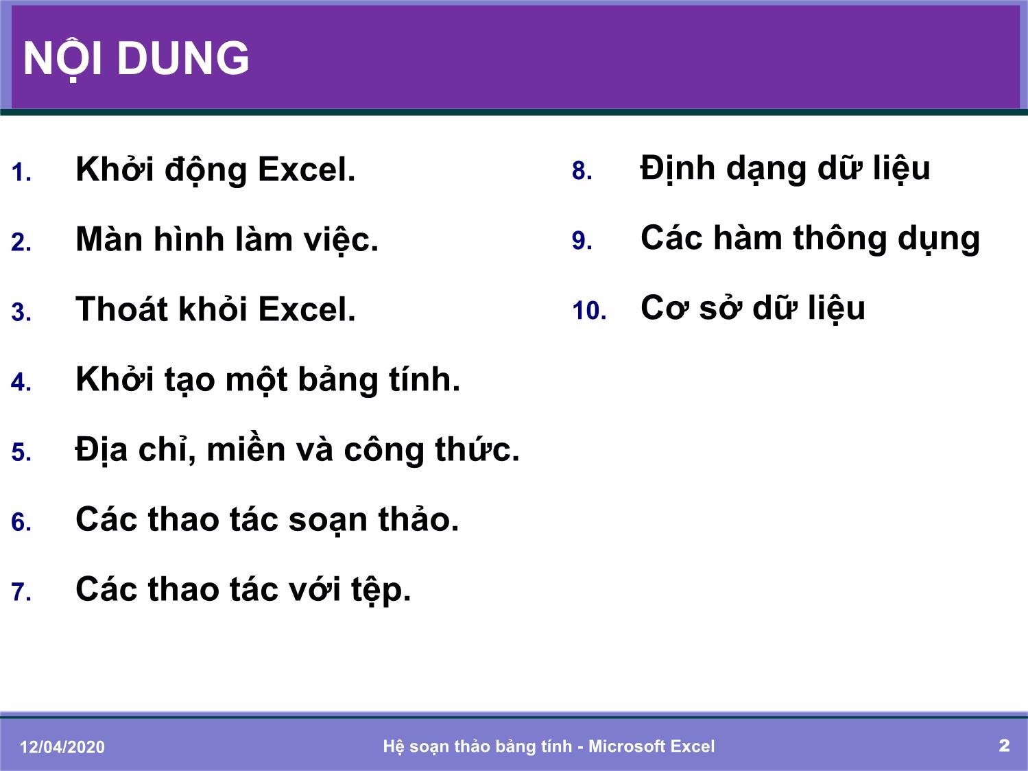 Bài giảng Tin học đại cương - Chương 5: Soạn thảo bảng tính với Microsoft Excel - Trần Thị Bích Phương trang 2