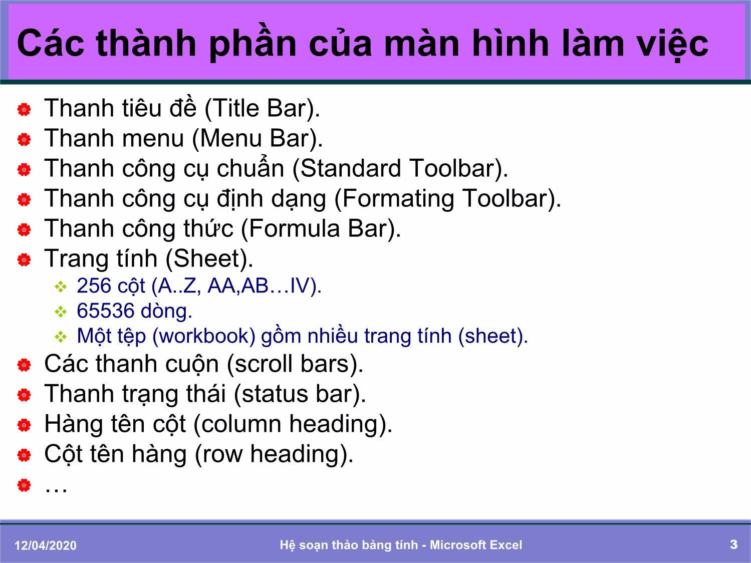 Bài giảng Tin học đại cương - Chương 5: Soạn thảo bảng tính với Microsoft Excel - Trần Thị Bích Phương trang 3