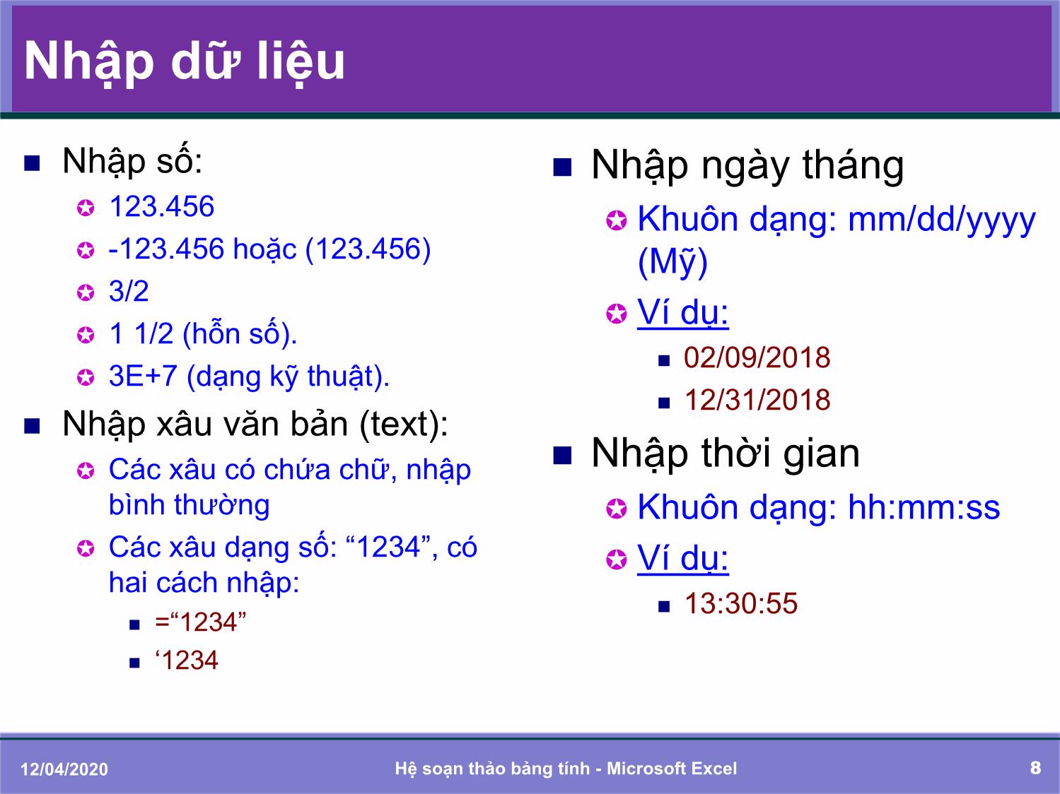 Bài giảng Tin học đại cương - Chương 5: Soạn thảo bảng tính với Microsoft Excel - Trần Thị Bích Phương trang 8