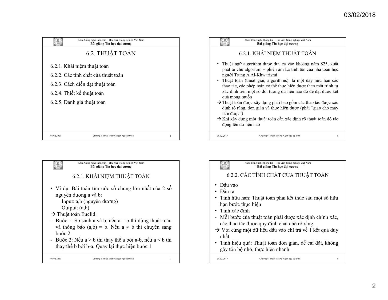 Bài giảng Tin học đại cương - Chương 6: Thuật toán và ngôn ngữ lập trình trang 2