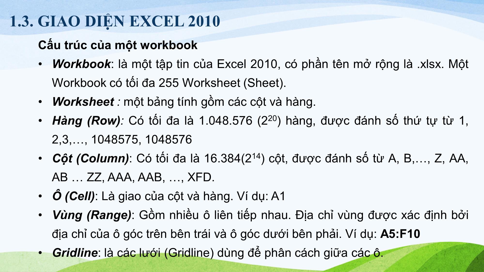 Bài giảng Tin học (Phần 2) - Chương 1: Làm quen với Microsoft Excel 2010 trang 7