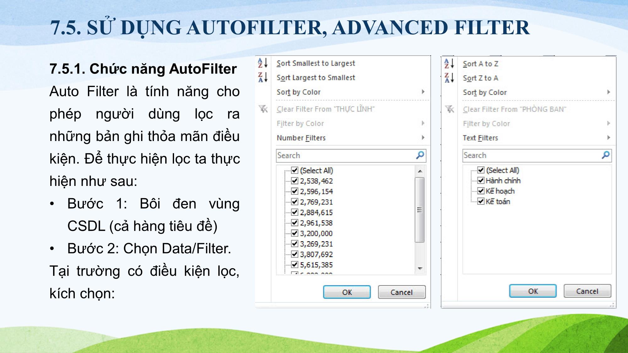 Bài giảng Tin học (Phần 2) - Chương 7: Cơ sở dữ liệu trong Excel trang 10