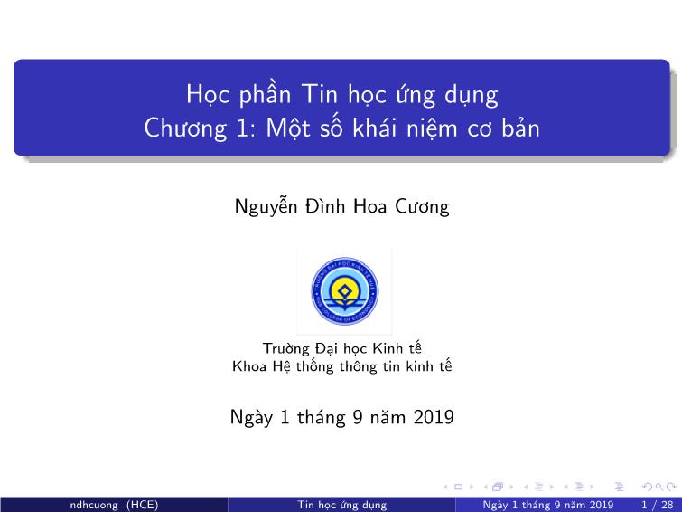 Bài giảng Tin học ứng dụng - Chương 1: Một số khái niệm cơ bản - Nguyễn Đình Hoa Cương trang 1