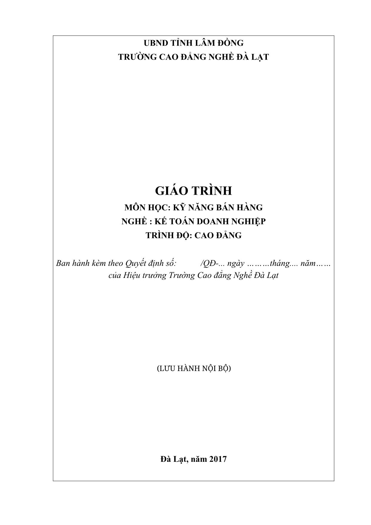 Giáo trình Kỹ năng bán hàng - Kế toán doanh nghiệp trang 1