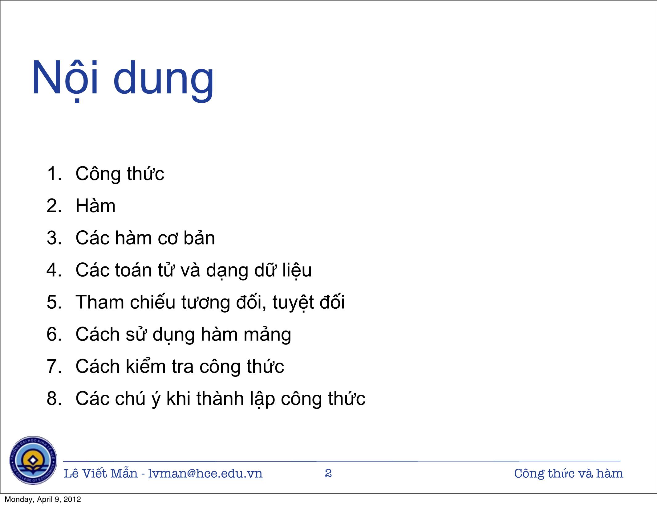 Bài giảng Tin học ứng dụng - Chương: Công thức và hàm - Lê Viết Mẫn trang 2