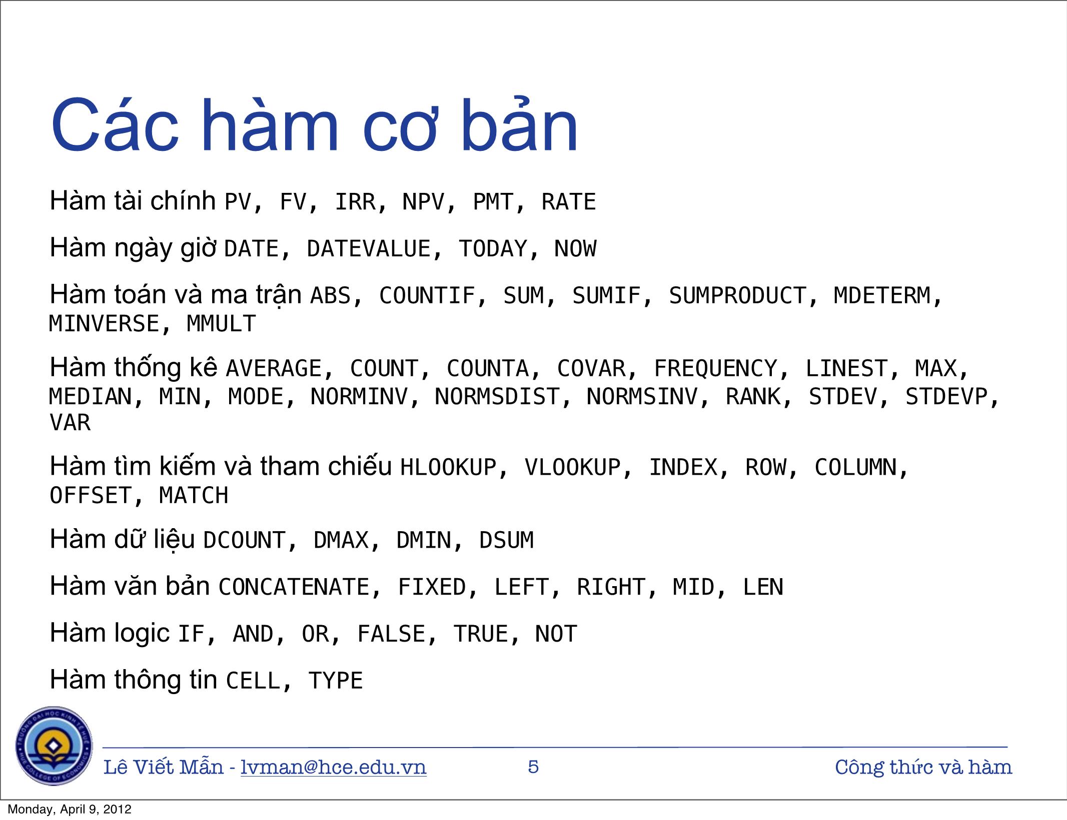 Bài giảng Tin học ứng dụng - Chương: Công thức và hàm - Lê Viết Mẫn trang 5