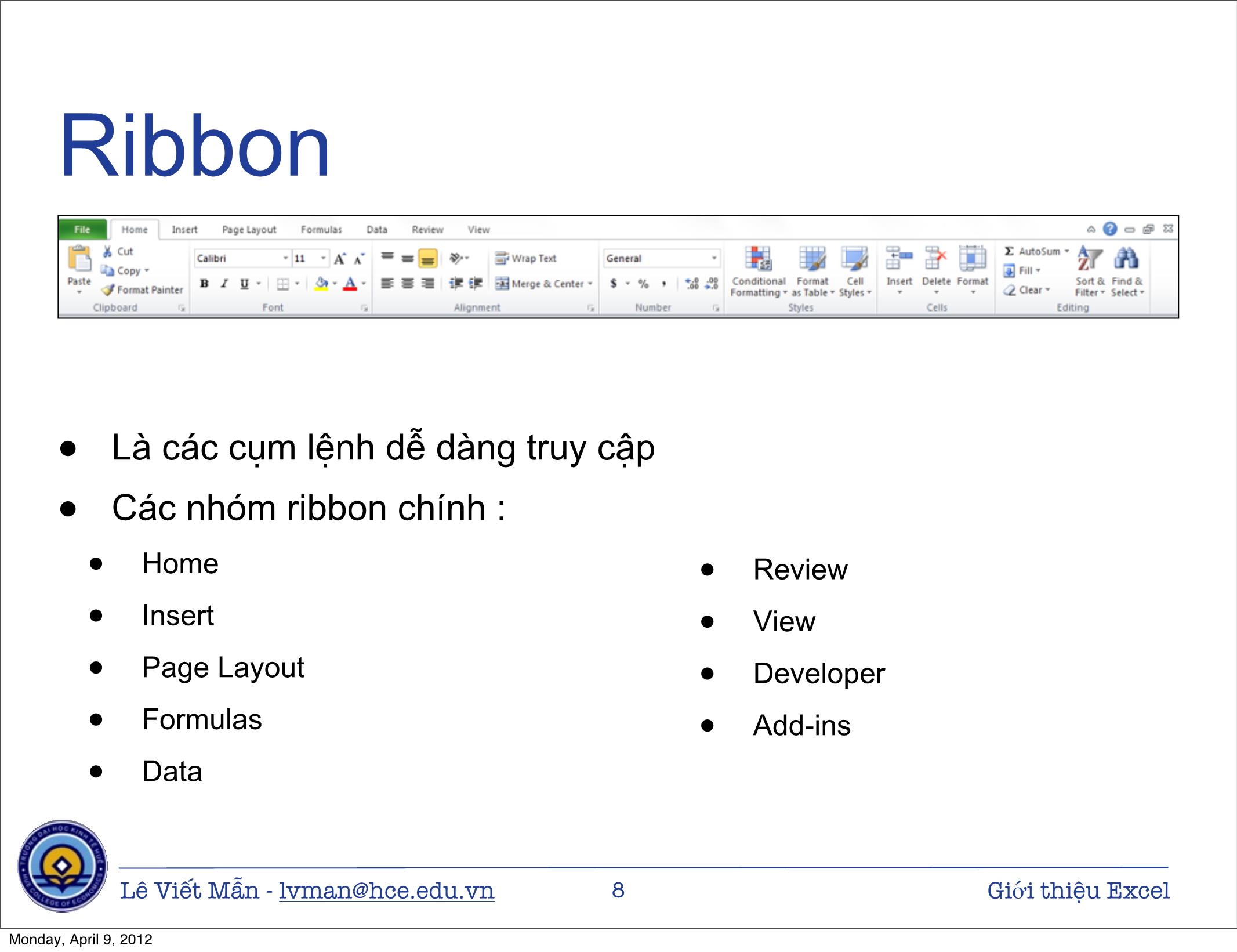 Bài giảng Tin học ứng dụng - Chương: Giới thiệu bảng tính điện tử Excel - Lê Viết Mẫn trang 8