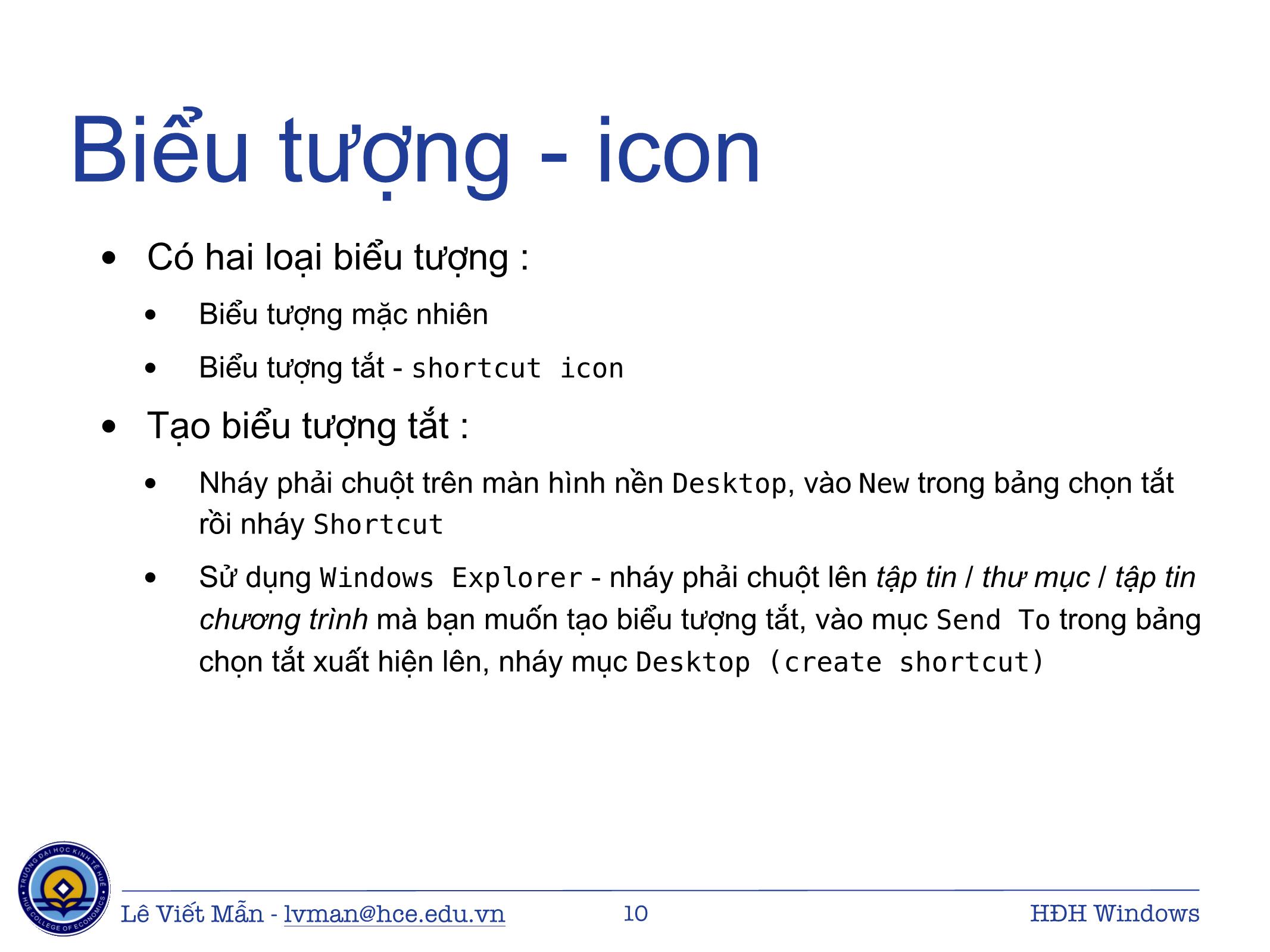 Bài giảng Tin học ứng dụng - Chương: Hệ điều hành Windows - Lê Viết Mẫn trang 10