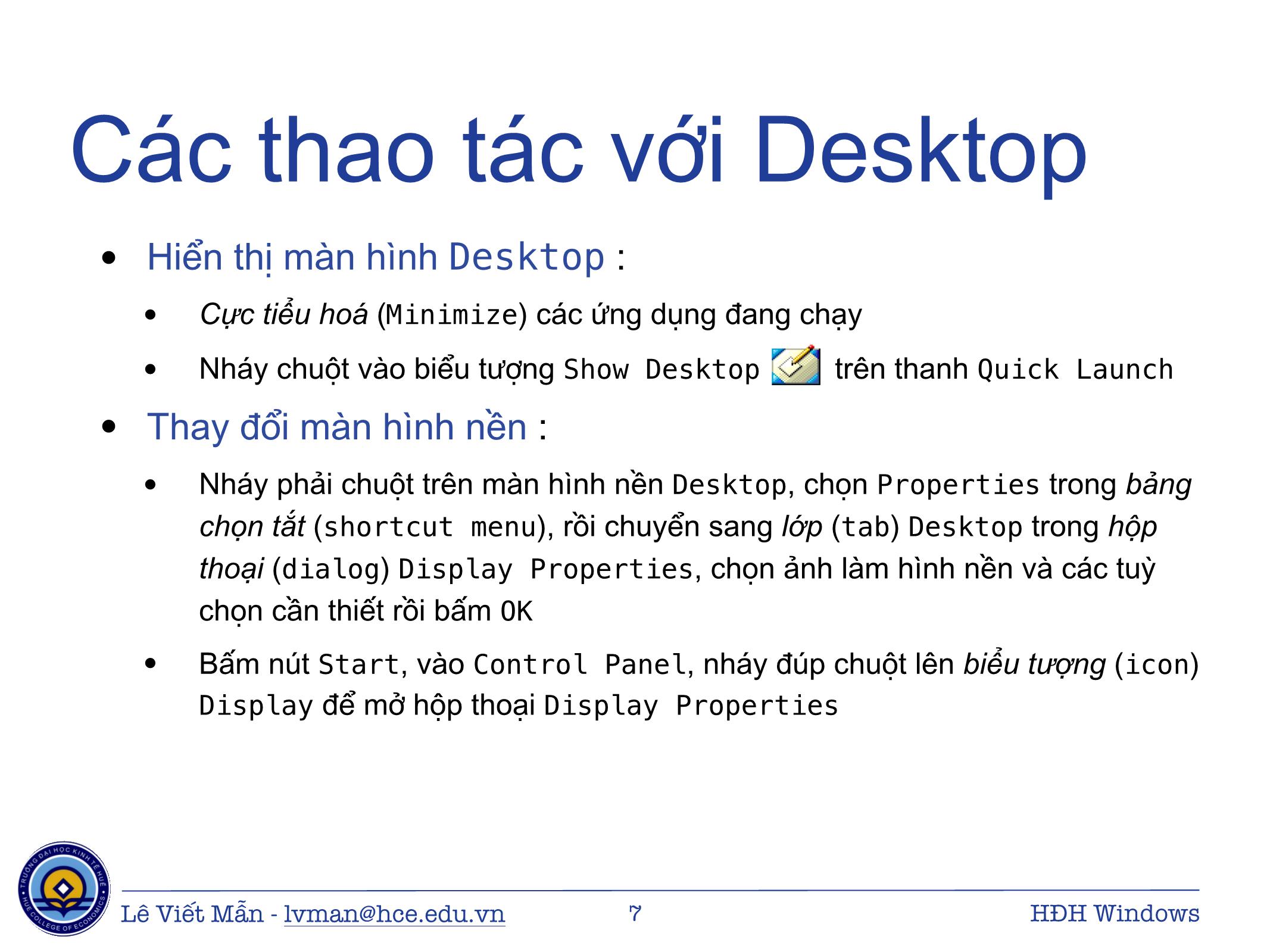 Bài giảng Tin học ứng dụng - Chương: Hệ điều hành Windows - Lê Viết Mẫn trang 7