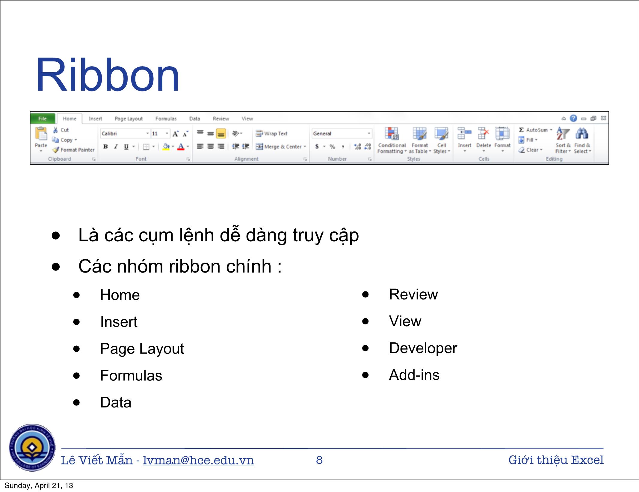 Bài giảng Tin học ứng dụng nâng cao - Chương: Giới thiệu bảng tính điện tử Excel - Lê Viết Mẫn (Mới) trang 8