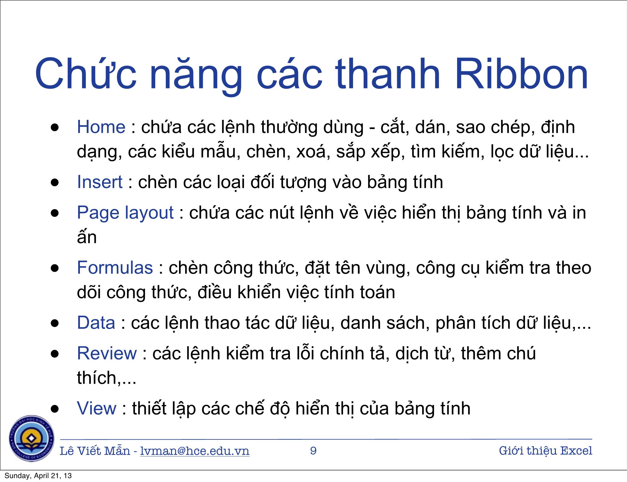 Bài giảng Tin học ứng dụng nâng cao - Chương: Giới thiệu bảng tính điện tử Excel - Lê Viết Mẫn (Mới) trang 9