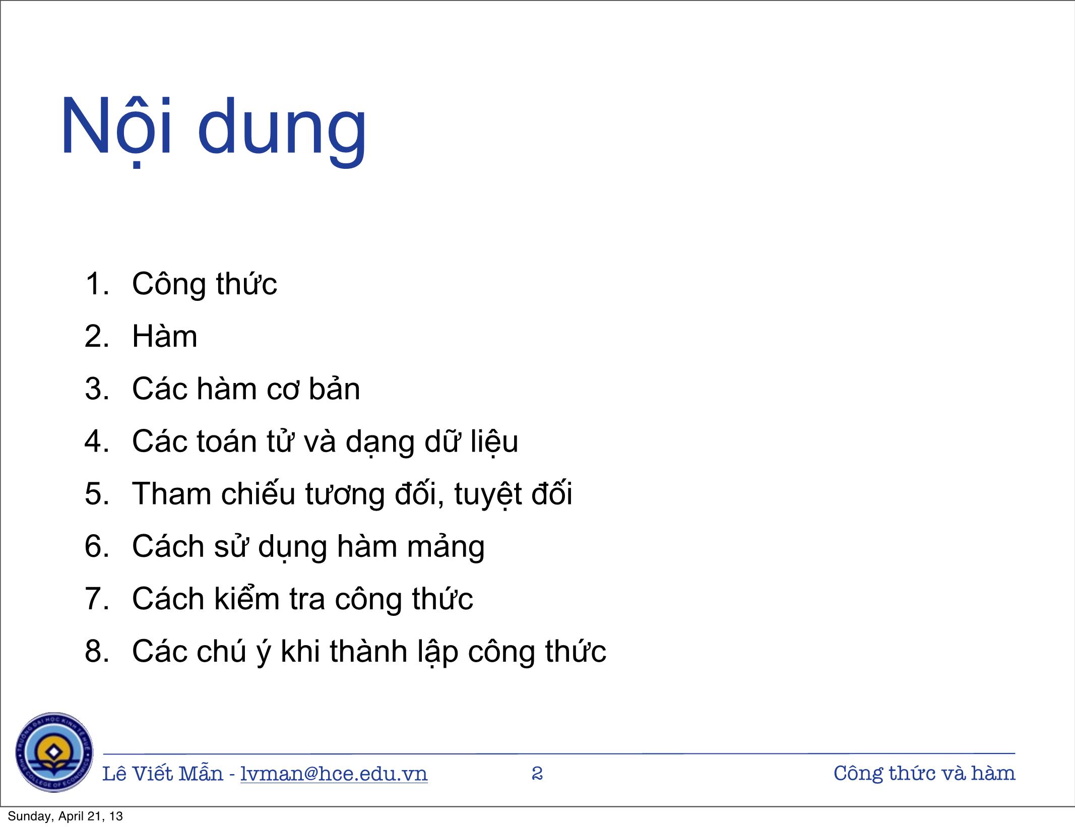 Bài giảng Tin học ứng dụng nâng cao - Chương: Công thức và hàm - Lê Viết Mẫn trang 2