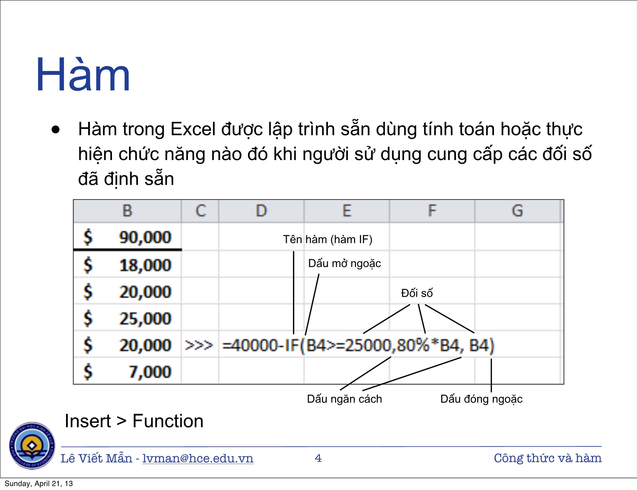 Bài giảng Tin học ứng dụng nâng cao - Chương: Công thức và hàm - Lê Viết Mẫn trang 4