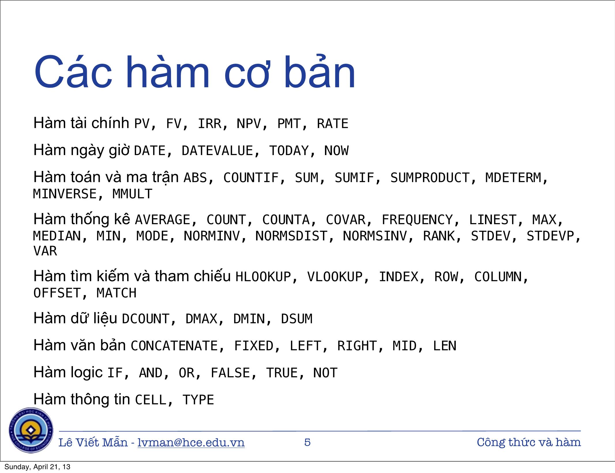 Bài giảng Tin học ứng dụng nâng cao - Chương: Công thức và hàm - Lê Viết Mẫn trang 5