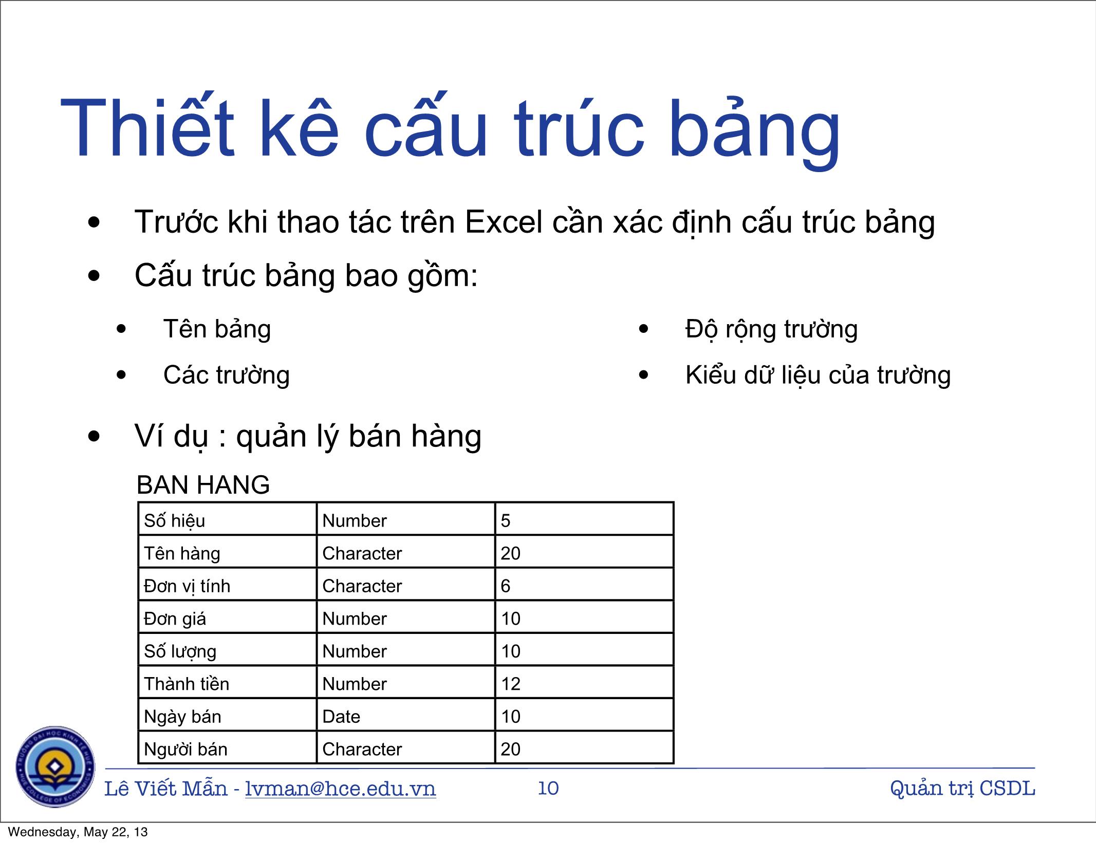 Bài giảng Tin học ứng dụng nâng cao - Chương: Quản trị Cơ sở dữ liệu trong Excel - Lê Viết Mẫn trang 10