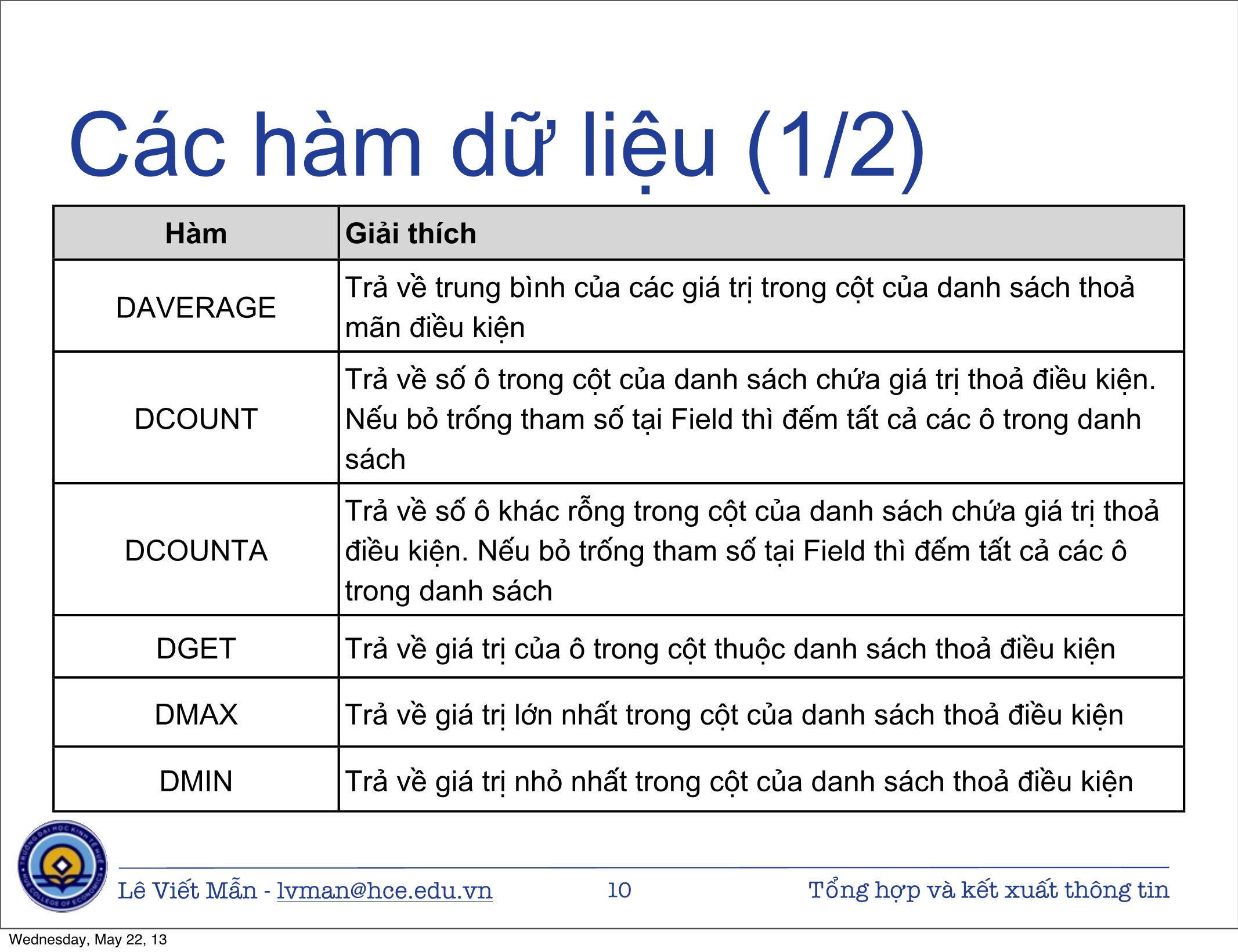 Bài giảng Tin học ứng dụng nâng cao - Chương: Tổng hợp và kết xuất thông tin - Lê Viết Mẫn trang 10