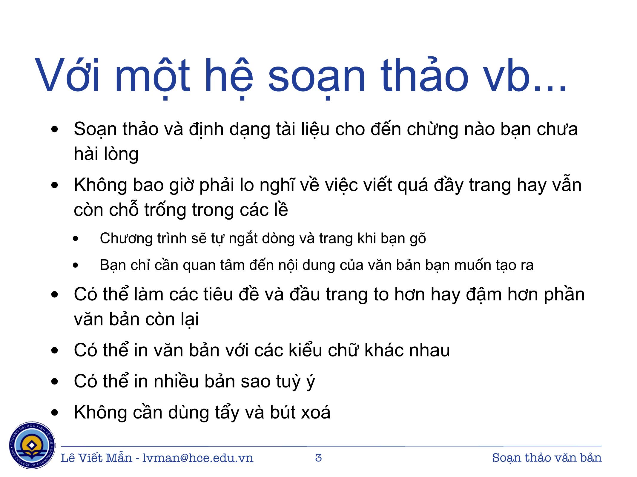 Bài giảng Tin học ứng dụng - Chương: Soạn thảo văn bản và Hệ soạn thảo văn bản - Lê Viết Mẫn trang 3