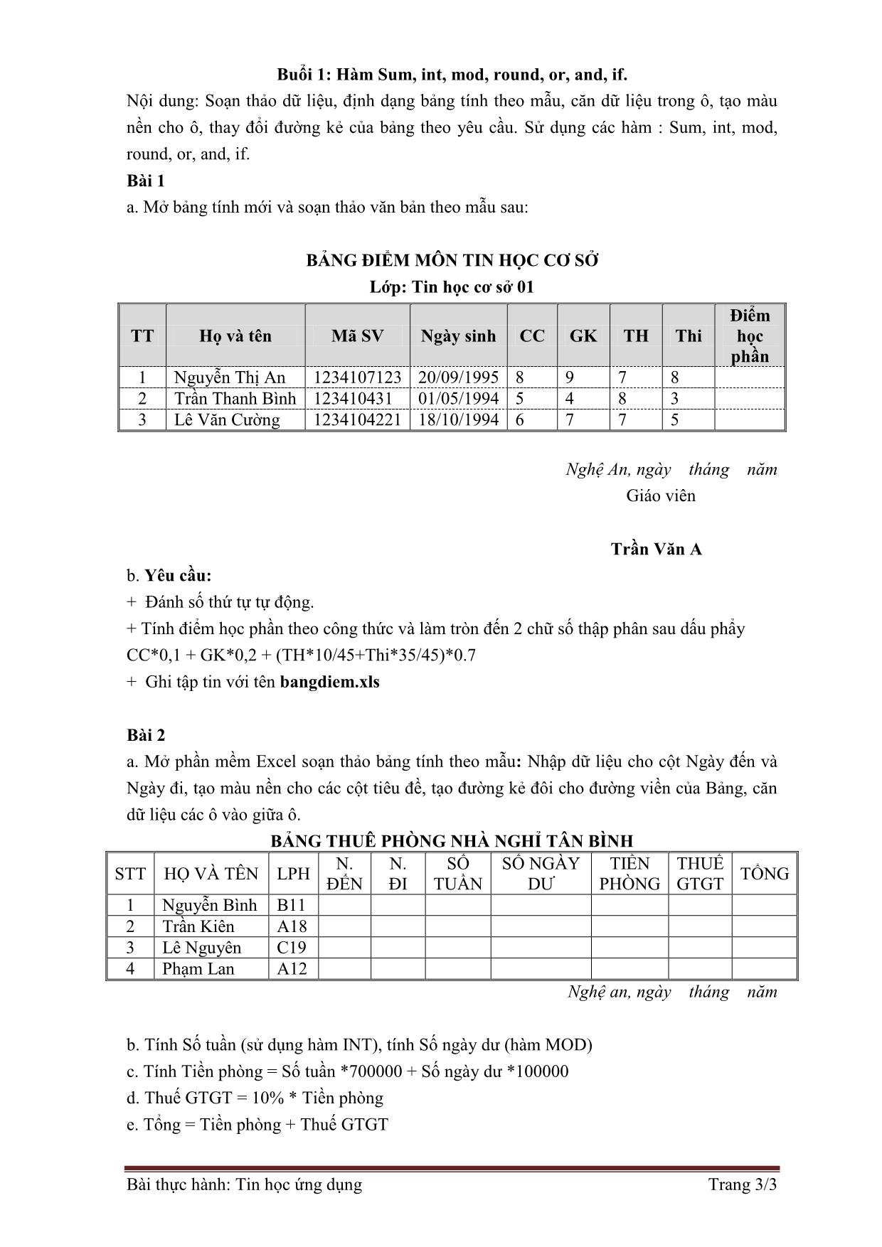 Bài tập thực hành môn Tin học ứng dụng trang 3