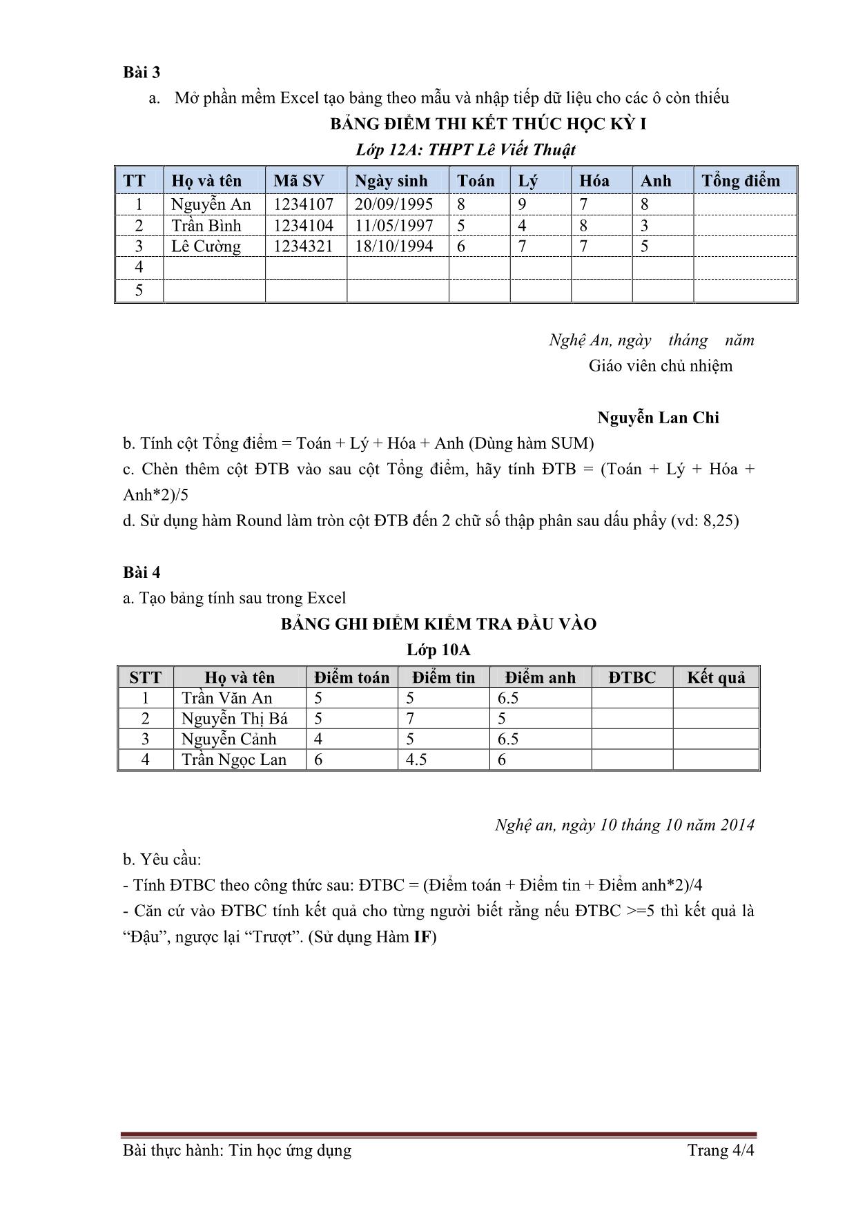 Bài tập thực hành môn Tin học ứng dụng trang 4