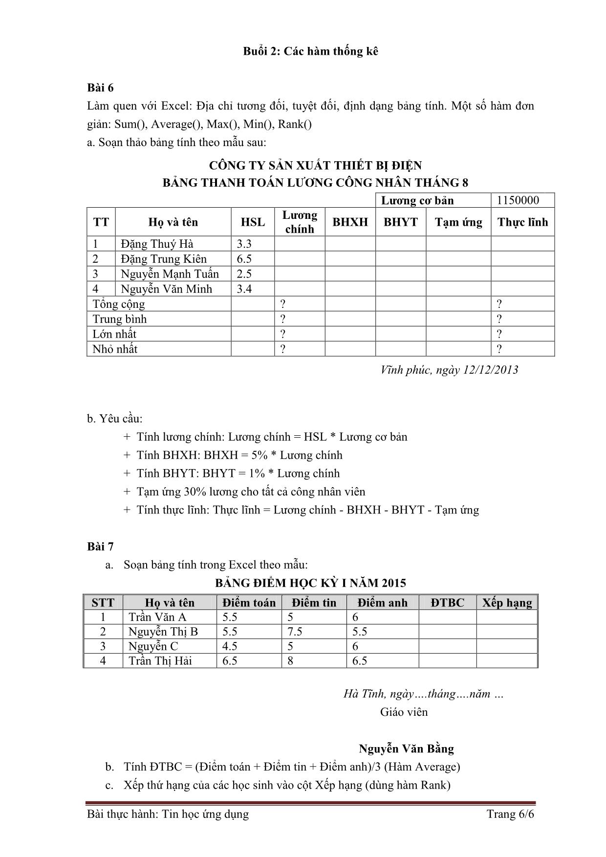 Bài tập thực hành môn Tin học ứng dụng trang 6