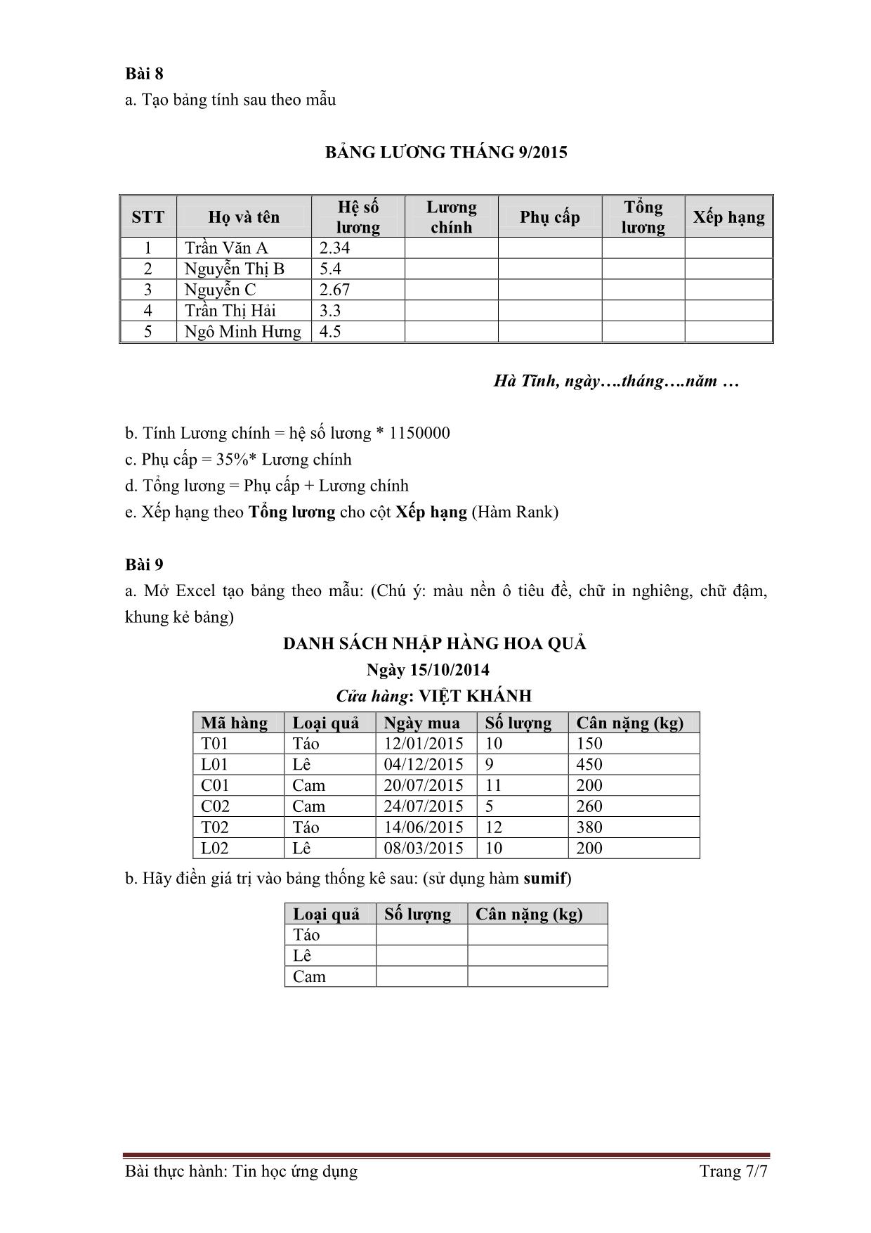 Bài tập thực hành môn Tin học ứng dụng trang 7