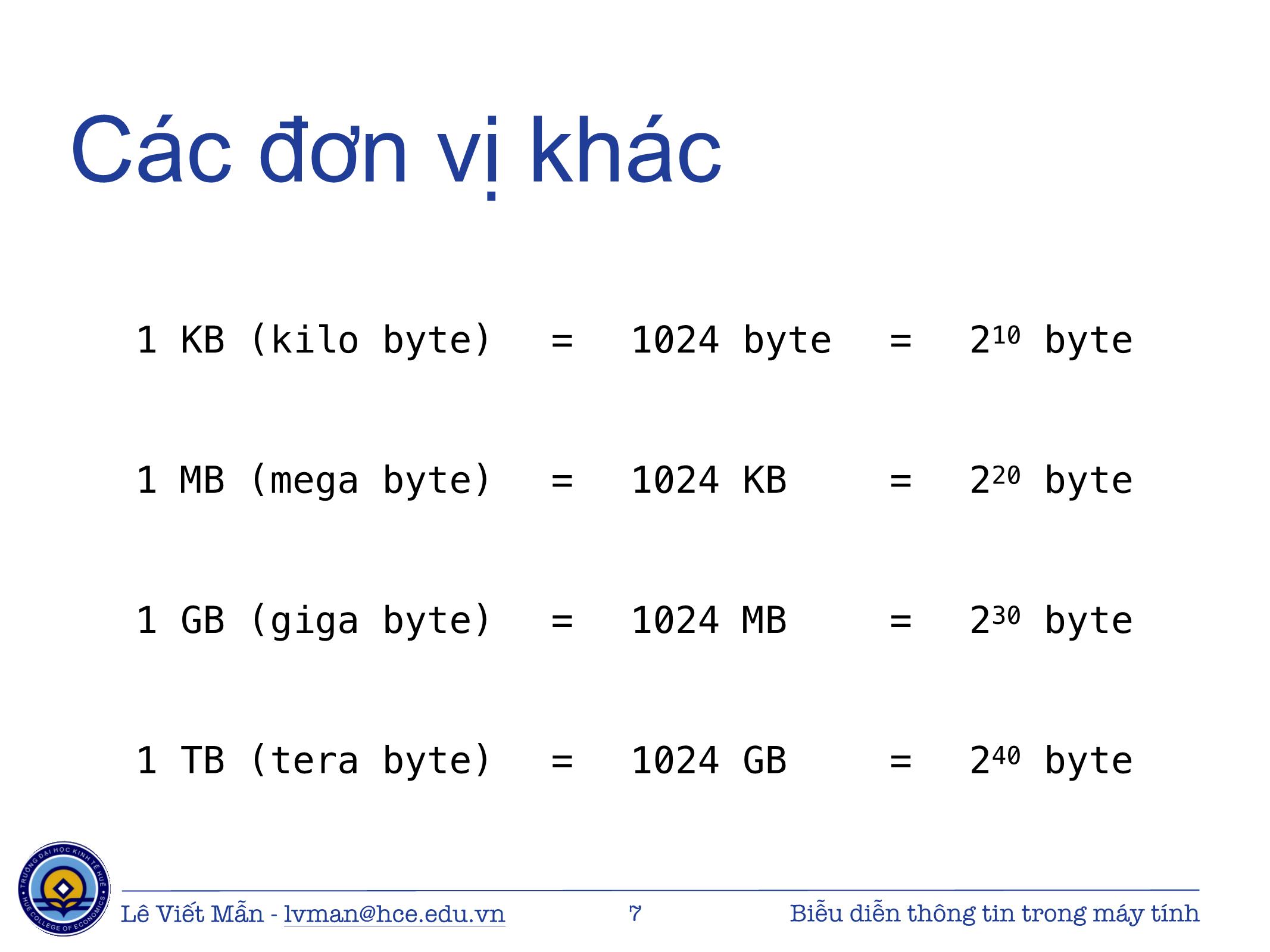 Bài giảng Tin học ứng dụng - Chương: Biểu diễn thông tin trong máy tính - Lê Viết Mẫn trang 7