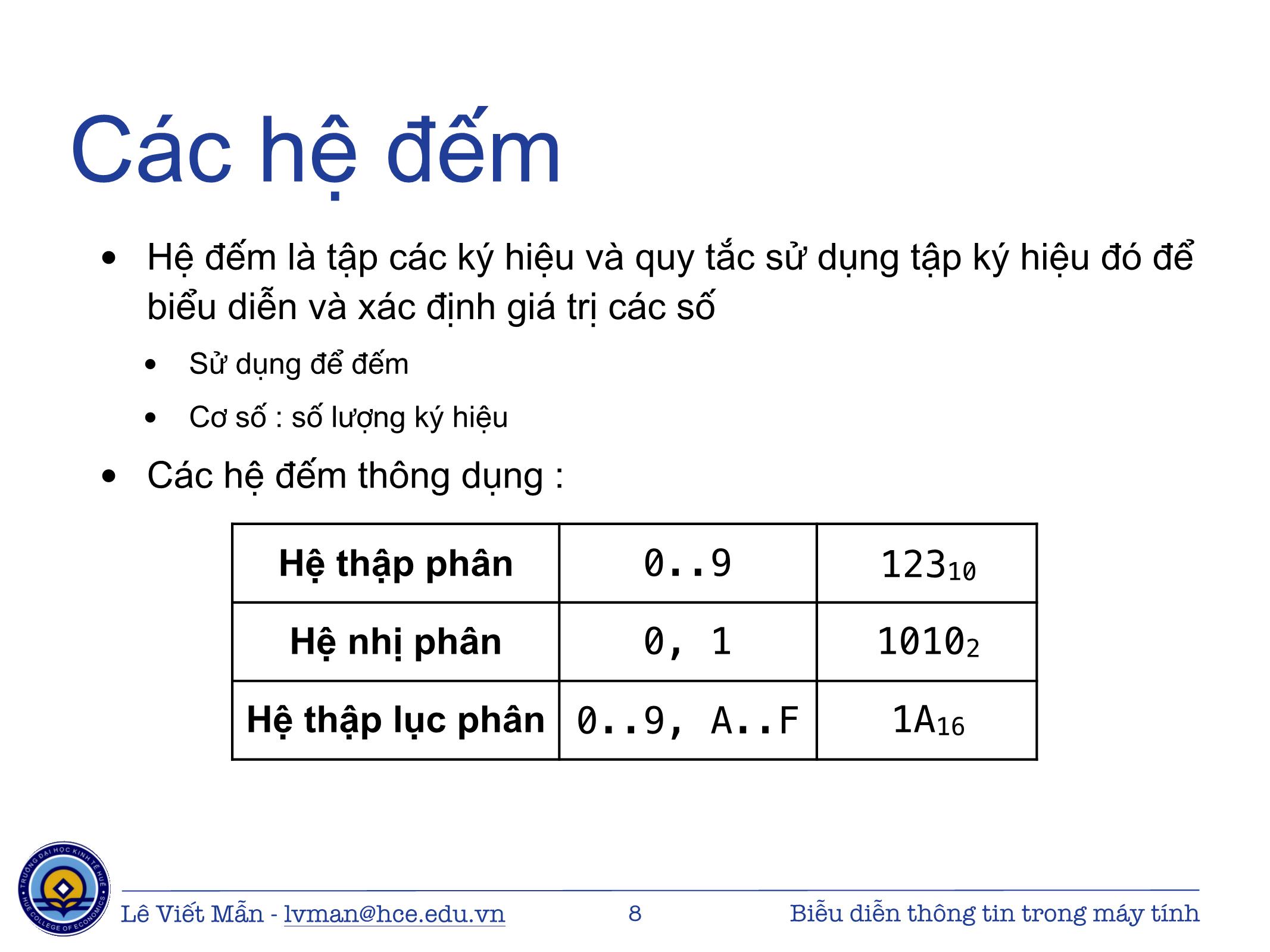 Bài giảng Tin học ứng dụng - Chương: Biểu diễn thông tin trong máy tính - Lê Viết Mẫn trang 8