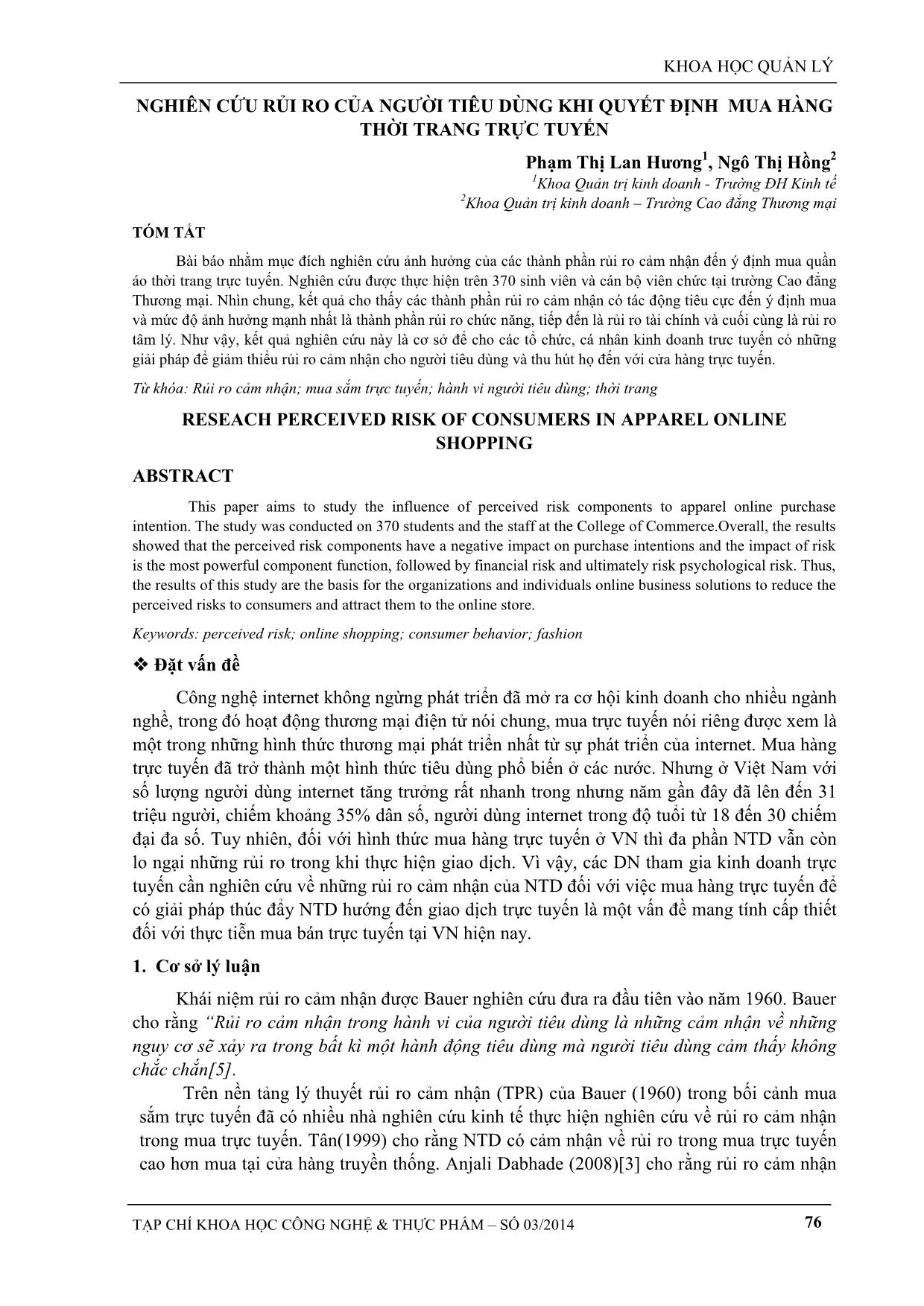 Nghiên cứu rủi ro của người tiêu dùng khi quyết định mua hàng thời trang trực tuyến trang 1