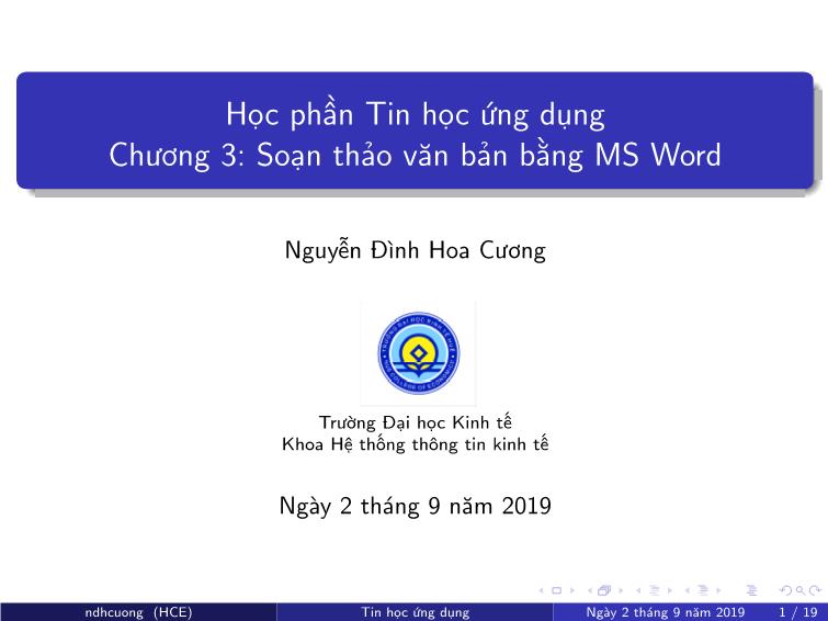 Bài giảng Tin học ứng dụng - Chương 3: Soạn thảo văn bản bằng MS Word - Nguyễn Đình Hoa Cương trang 1