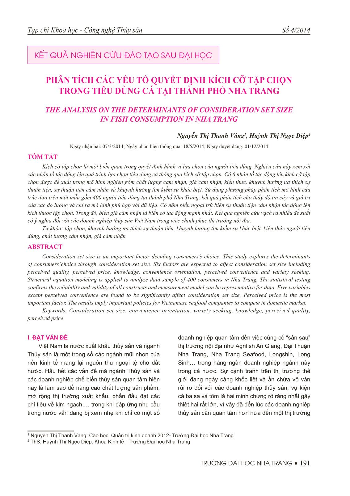 Phân tích các yếu tố quyết định kích cỡ tập chọn trong tiêu dùng cá tại thành phố Nha Trang trang 1