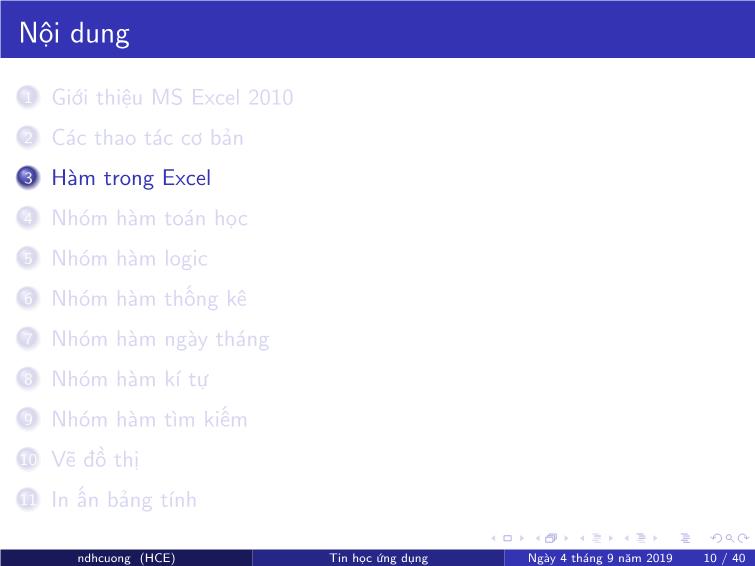 Bài giảng Tin học ứng dụng - Chương 4: Bảng tính MS Excel - Nguyễn Đình Hoa Cương trang 10
