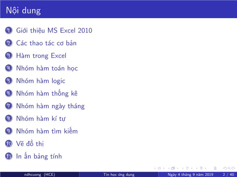 Bài giảng Tin học ứng dụng - Chương 4: Bảng tính MS Excel - Nguyễn Đình Hoa Cương trang 2