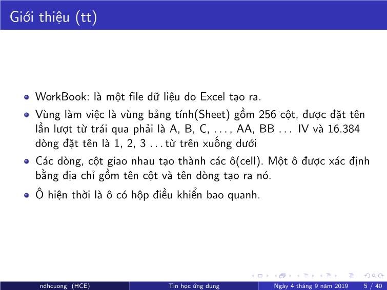 Bài giảng Tin học ứng dụng - Chương 4: Bảng tính MS Excel - Nguyễn Đình Hoa Cương trang 5