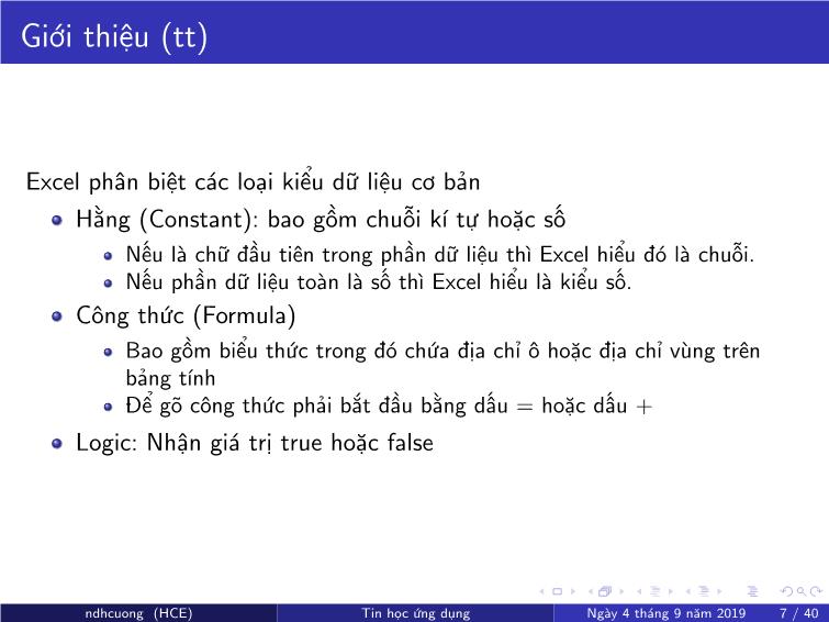 Bài giảng Tin học ứng dụng - Chương 4: Bảng tính MS Excel - Nguyễn Đình Hoa Cương trang 7