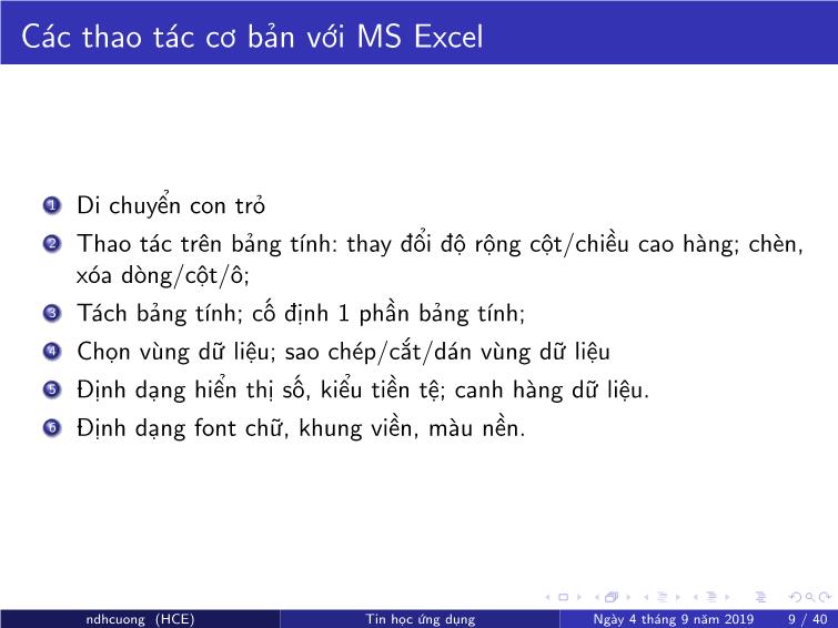 Bài giảng Tin học ứng dụng - Chương 4: Bảng tính MS Excel - Nguyễn Đình Hoa Cương trang 9