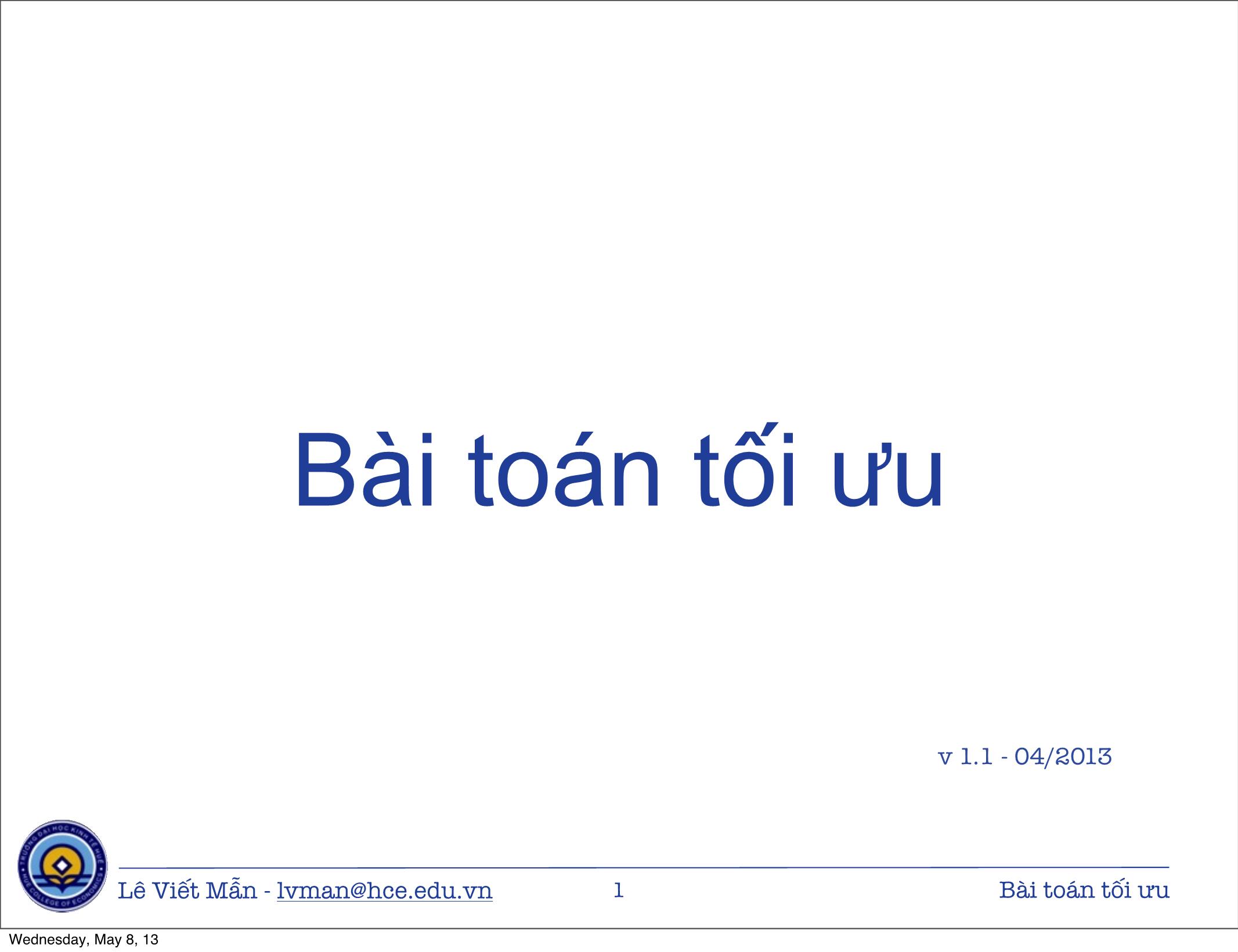 Bài giảng Tin học ứng dụng nâng cao - Chương: Bài toán tối ưu - Lê Viết Mẫn trang 1