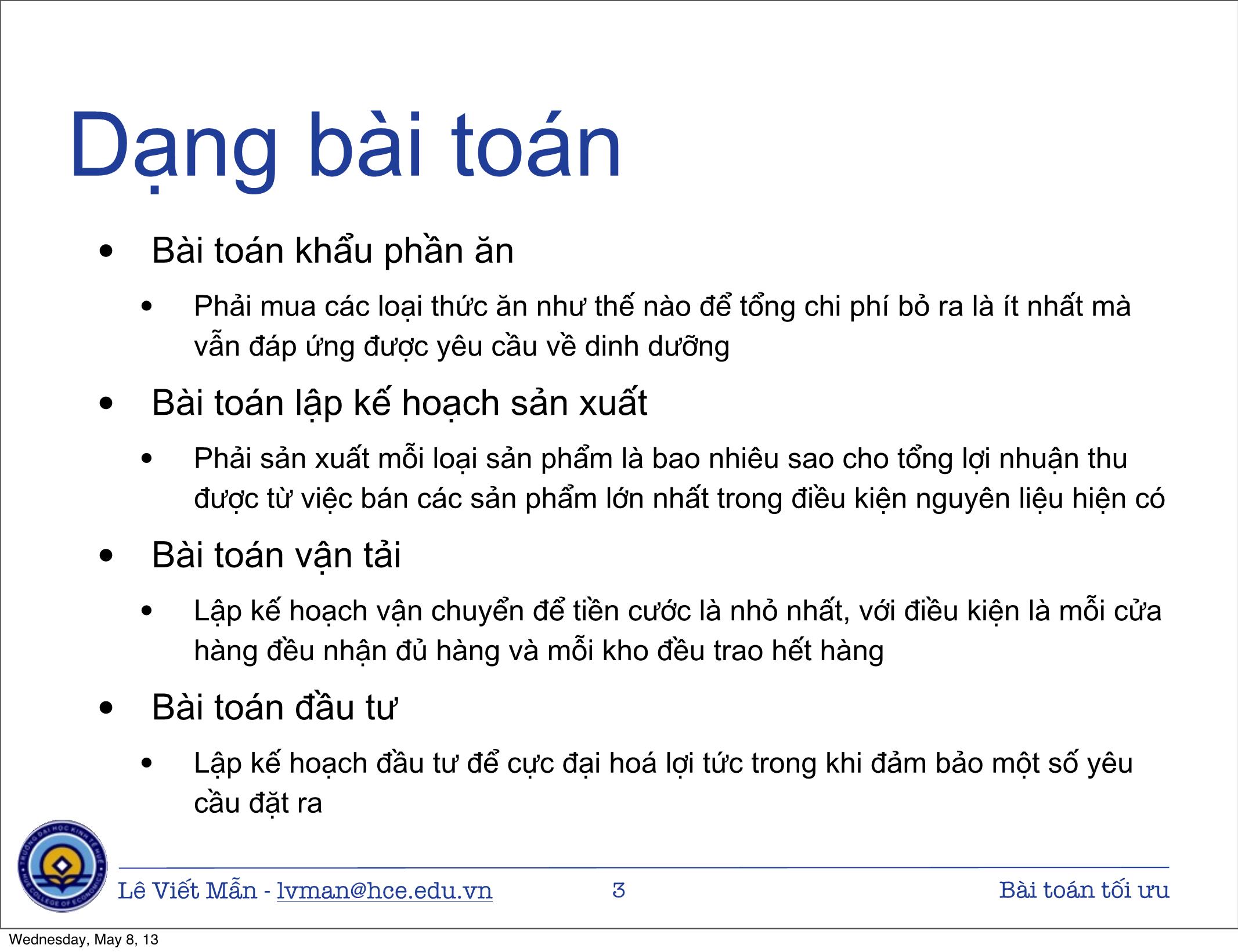 Bài giảng Tin học ứng dụng nâng cao - Chương: Bài toán tối ưu - Lê Viết Mẫn trang 3