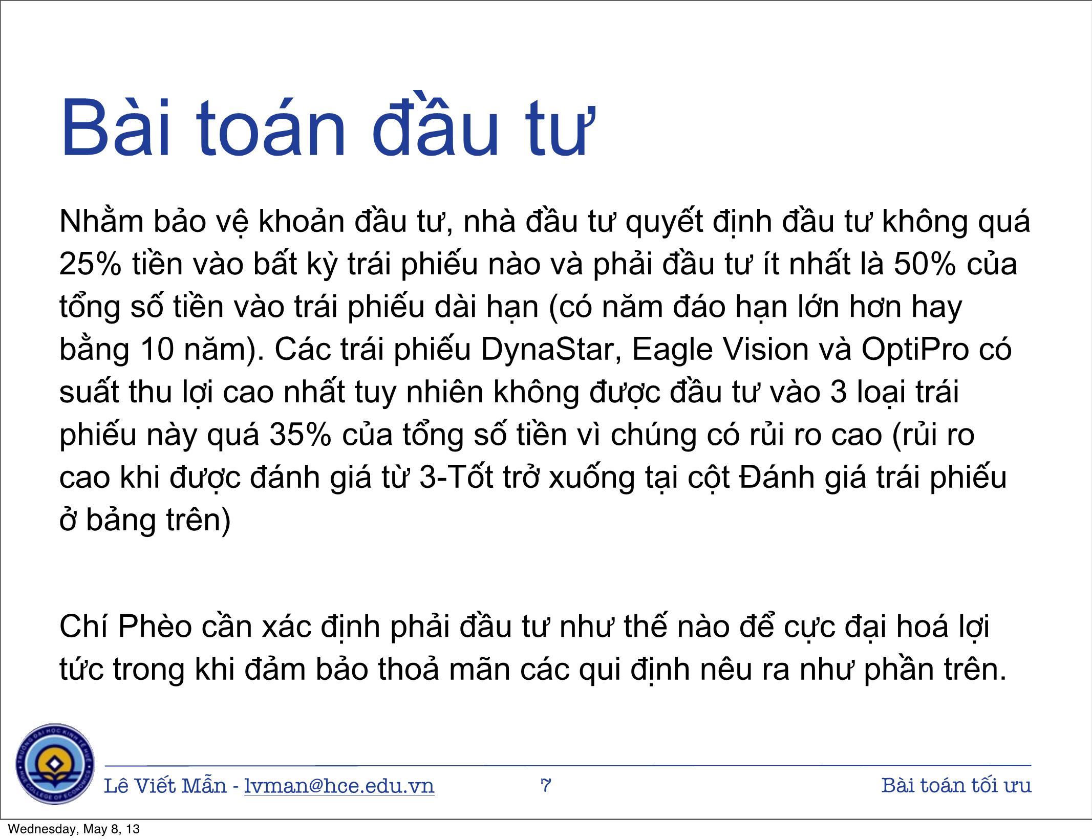 Bài giảng Tin học ứng dụng nâng cao - Chương: Bài toán tối ưu - Lê Viết Mẫn trang 7