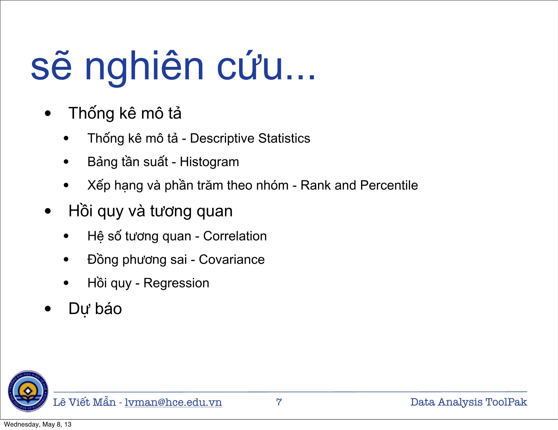 Bài giảng Tin học ứng dụng nâng cao - Chương: Công cụ phân tích số liệu - Lê Viết Mẫn trang 7