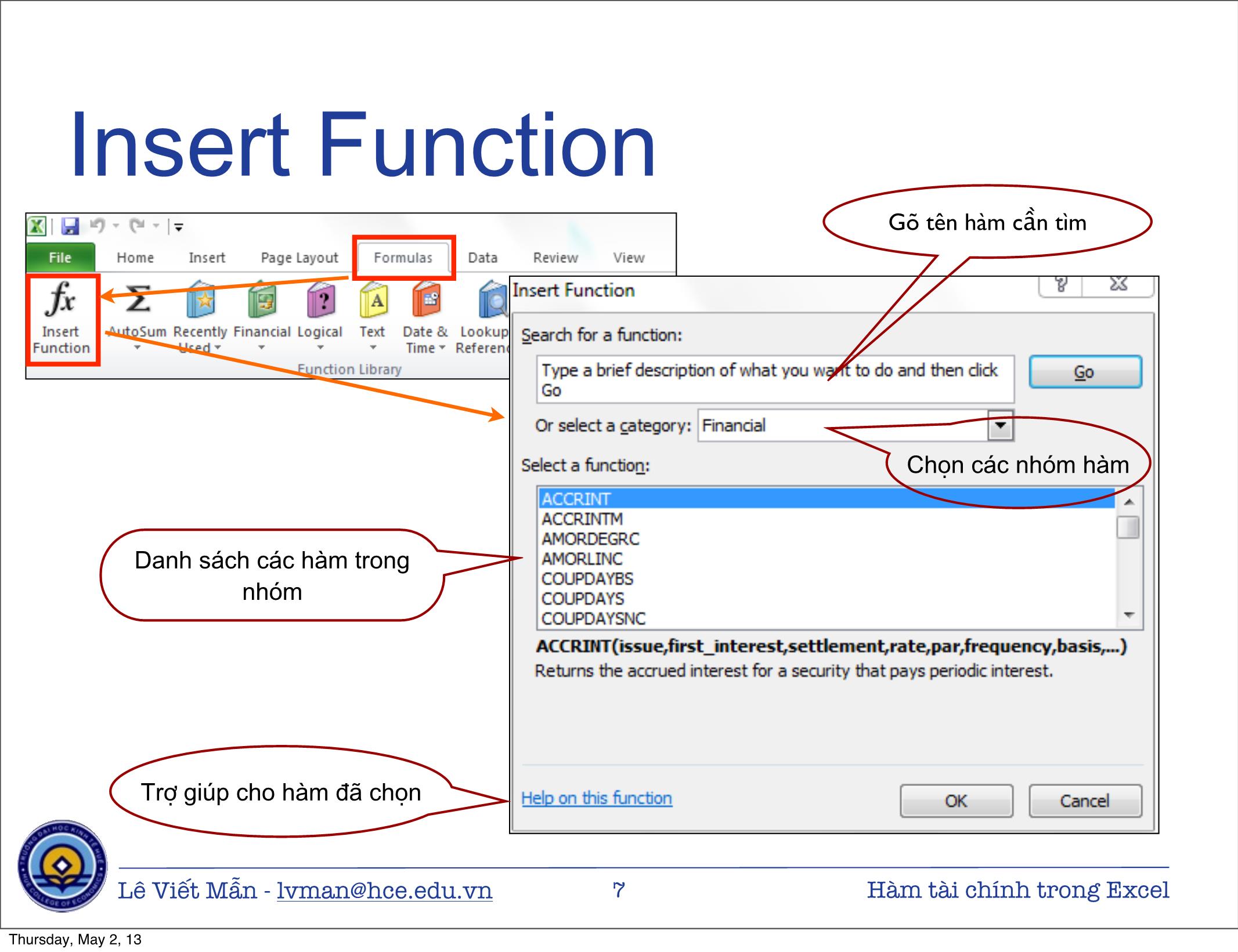 Bài giảng Tin học ứng dụng nâng cao - Chương: Hàm tài chính trong Excel - Lê Viết Mẫn trang 7