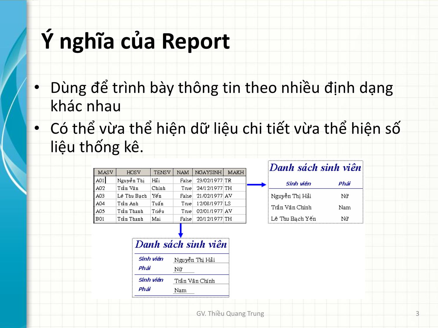 Bài giảng Tin học ứng dụng trong kinh doanh - Bài 5: Thiết kế báo biểu Reports - Thiều Quang Trung trang 3
