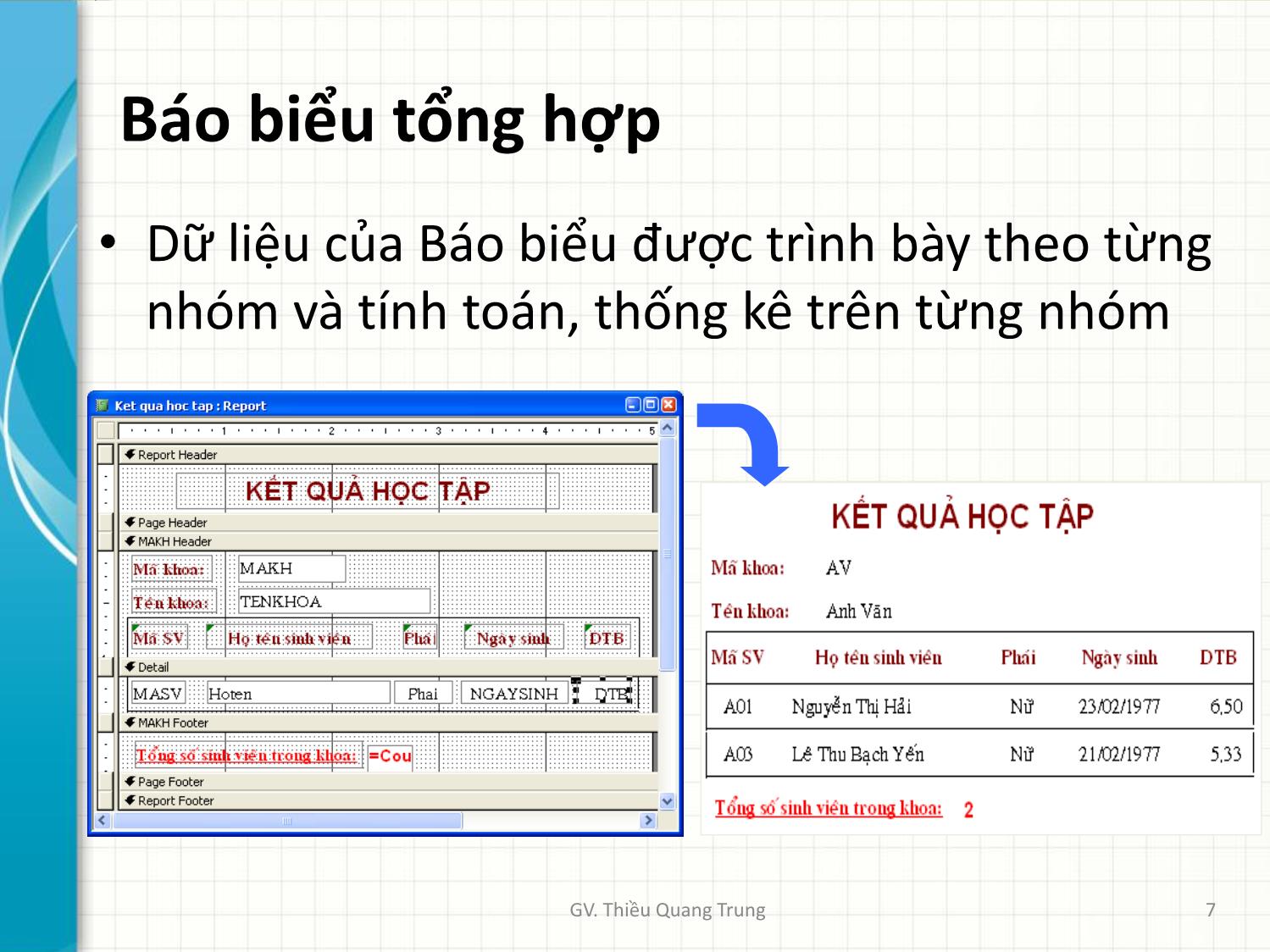 Bài giảng Tin học ứng dụng trong kinh doanh - Bài 5: Thiết kế báo biểu Reports - Thiều Quang Trung trang 7