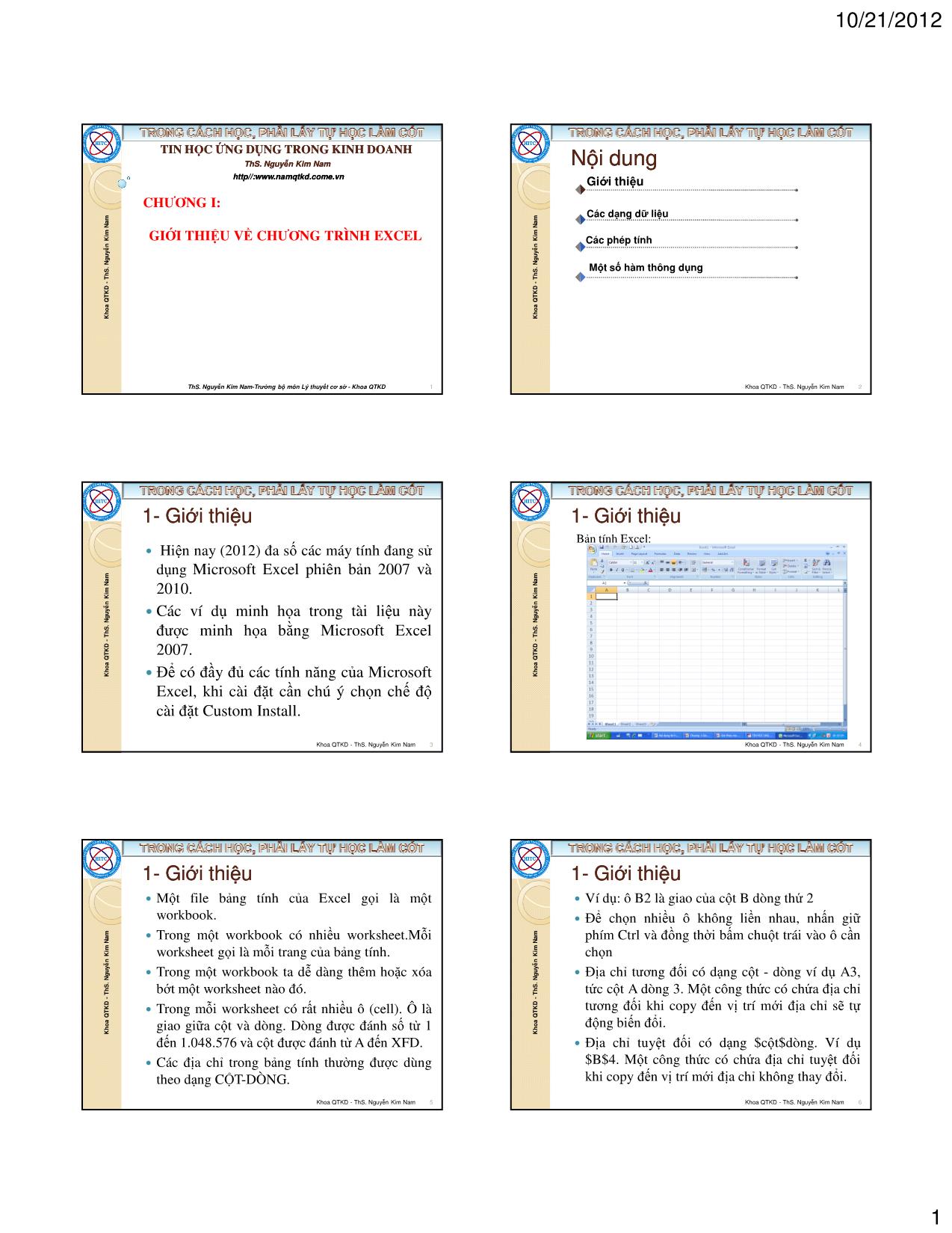 Bài giảng Tin học ứng dụng trong kinh doanh - Chương 1: Giới thiệu về chương trình Excel - Nguyễn Kim Nam trang 1