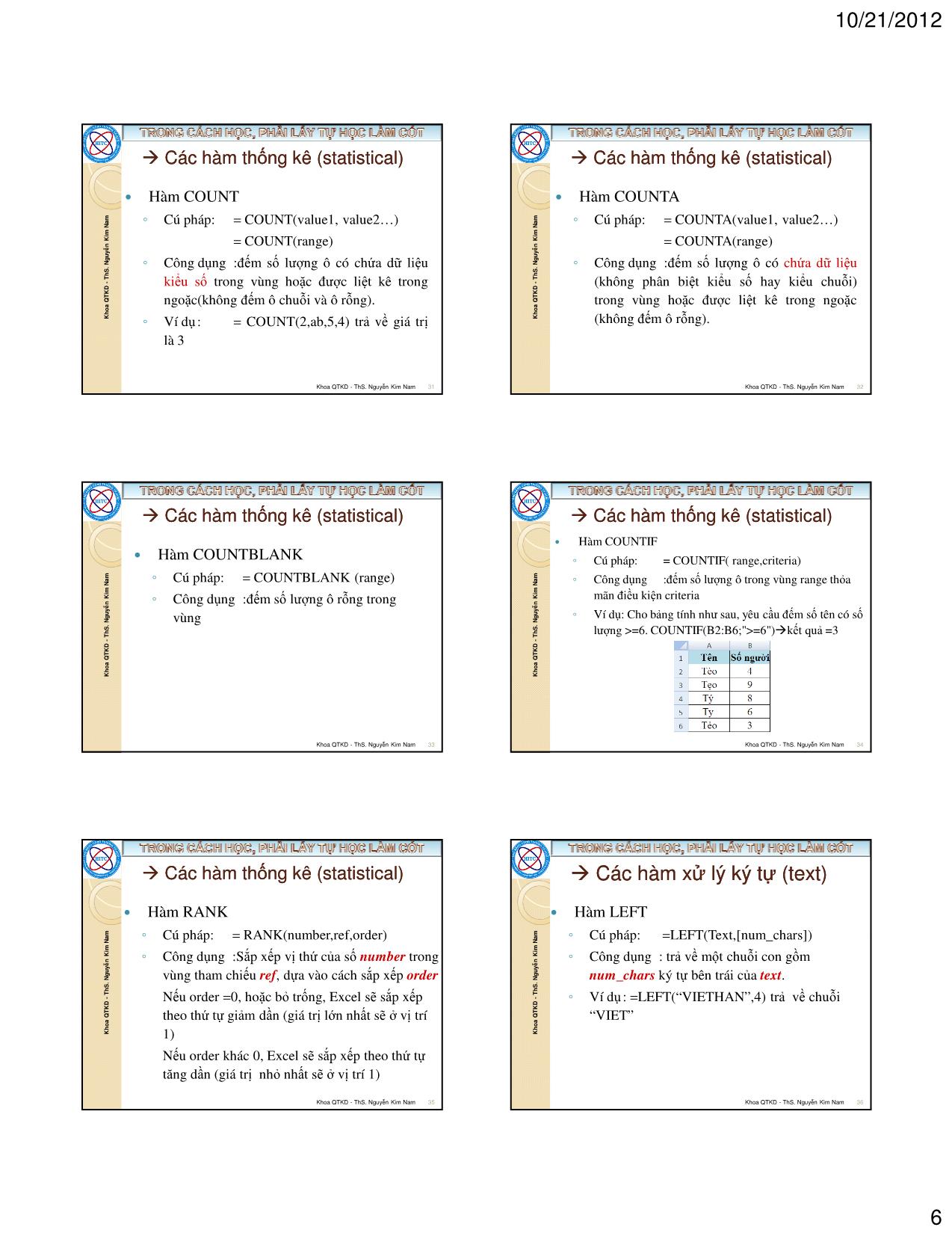 Bài giảng Tin học ứng dụng trong kinh doanh - Chương 1: Giới thiệu về chương trình Excel - Nguyễn Kim Nam trang 6