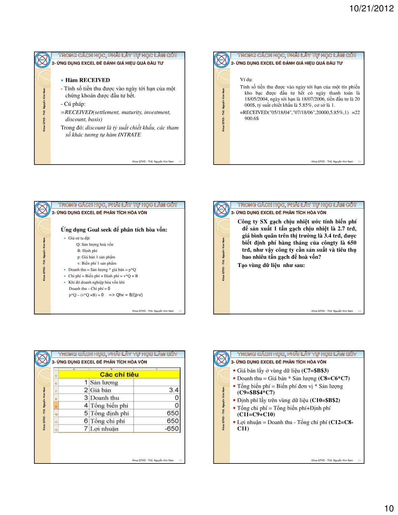 Bài giảng Tin học ứng dụng trong kinh doanh - Chương 2: Ứng dụng Excel trong quản lý tài chính - Nguyễn Kim Nam trang 10