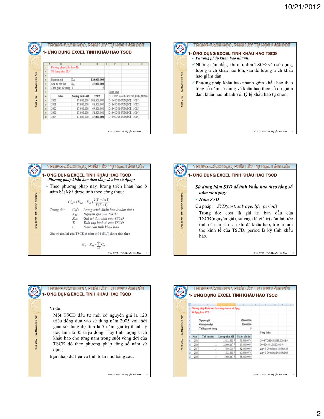 Bài giảng Tin học ứng dụng trong kinh doanh - Chương 2: Ứng dụng Excel trong quản lý tài chính - Nguyễn Kim Nam trang 2