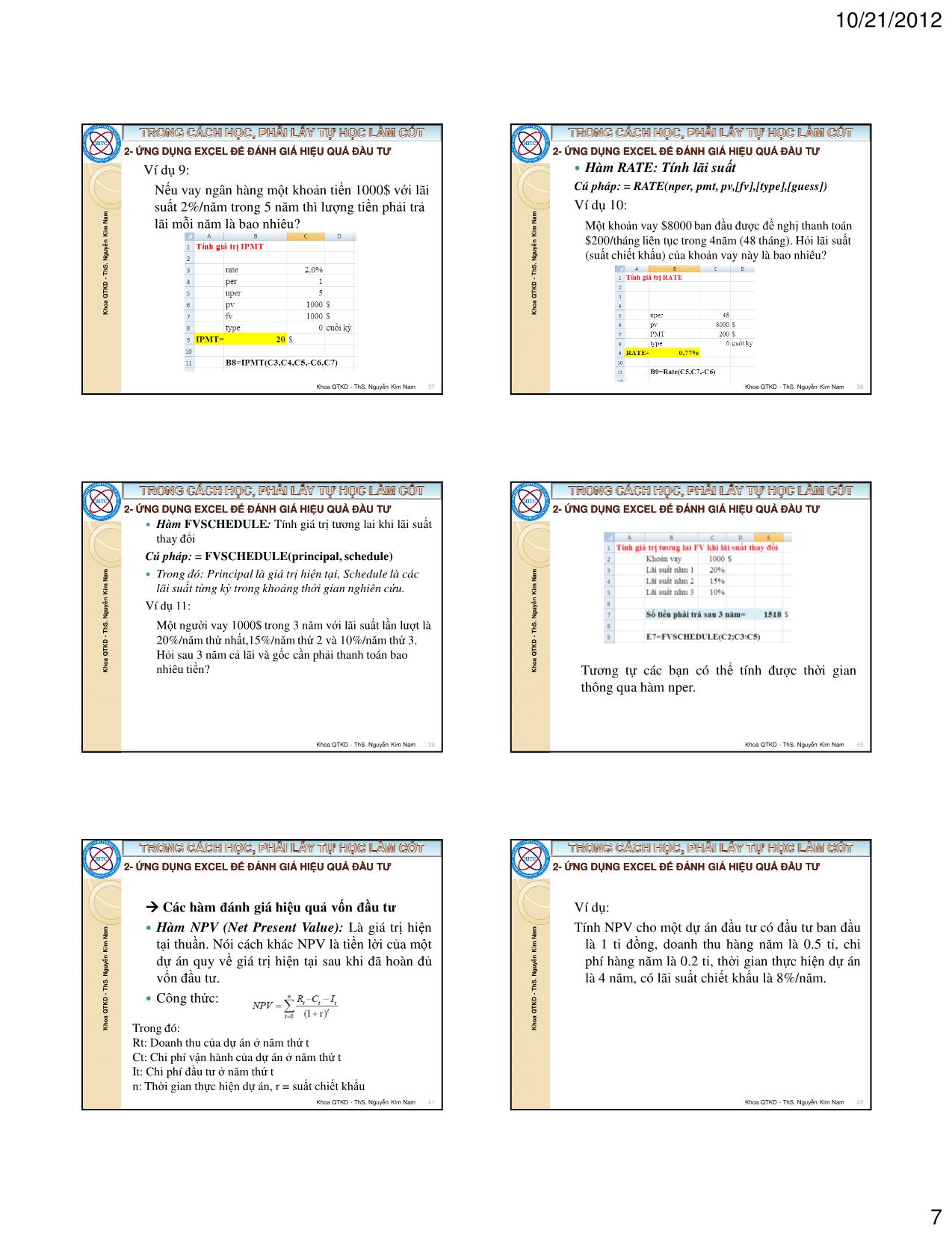 Bài giảng Tin học ứng dụng trong kinh doanh - Chương 2: Ứng dụng Excel trong quản lý tài chính - Nguyễn Kim Nam trang 7