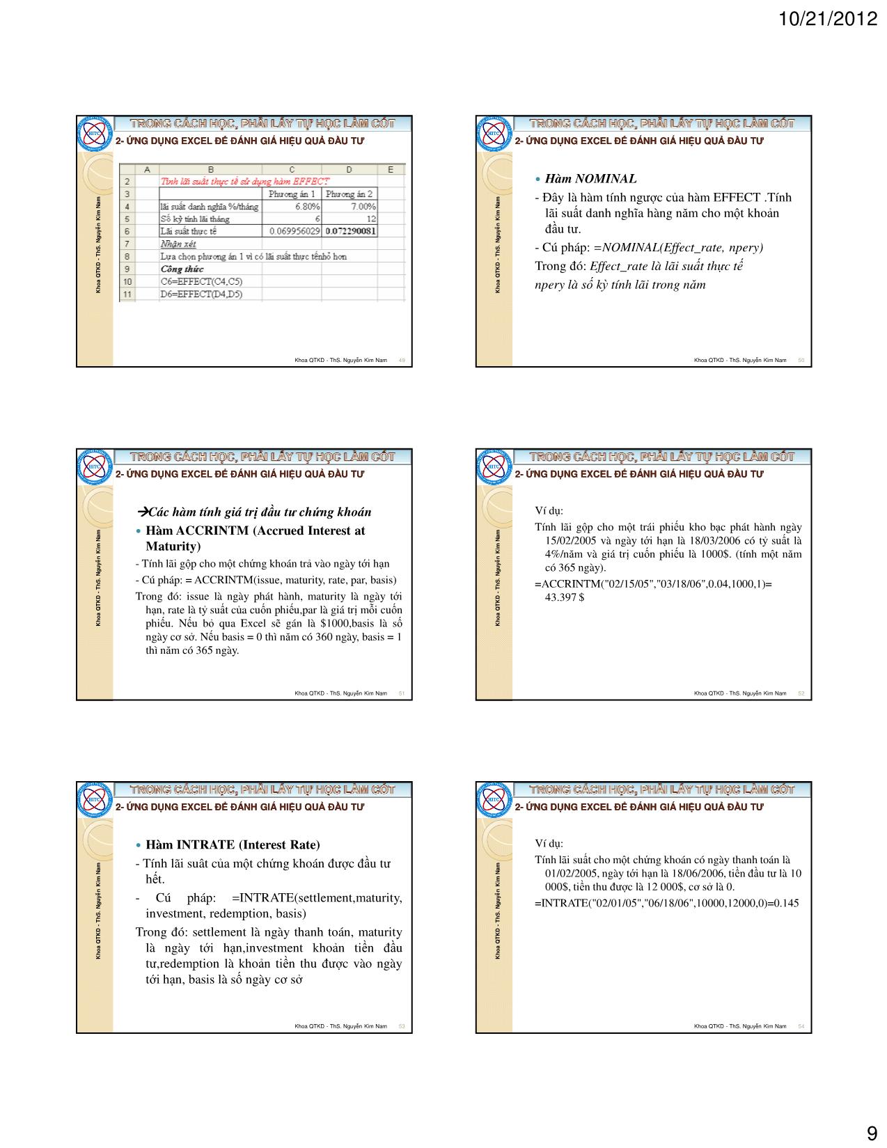 Bài giảng Tin học ứng dụng trong kinh doanh - Chương 2: Ứng dụng Excel trong quản lý tài chính - Nguyễn Kim Nam trang 9
