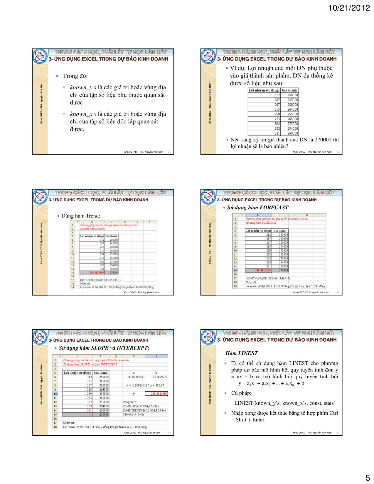 Bài giảng Tin học ứng dụng trong kinh doanh - Chương 3: Dự báo và phân tích hồi quy tương quan - Nguyễn Kim Nam trang 5